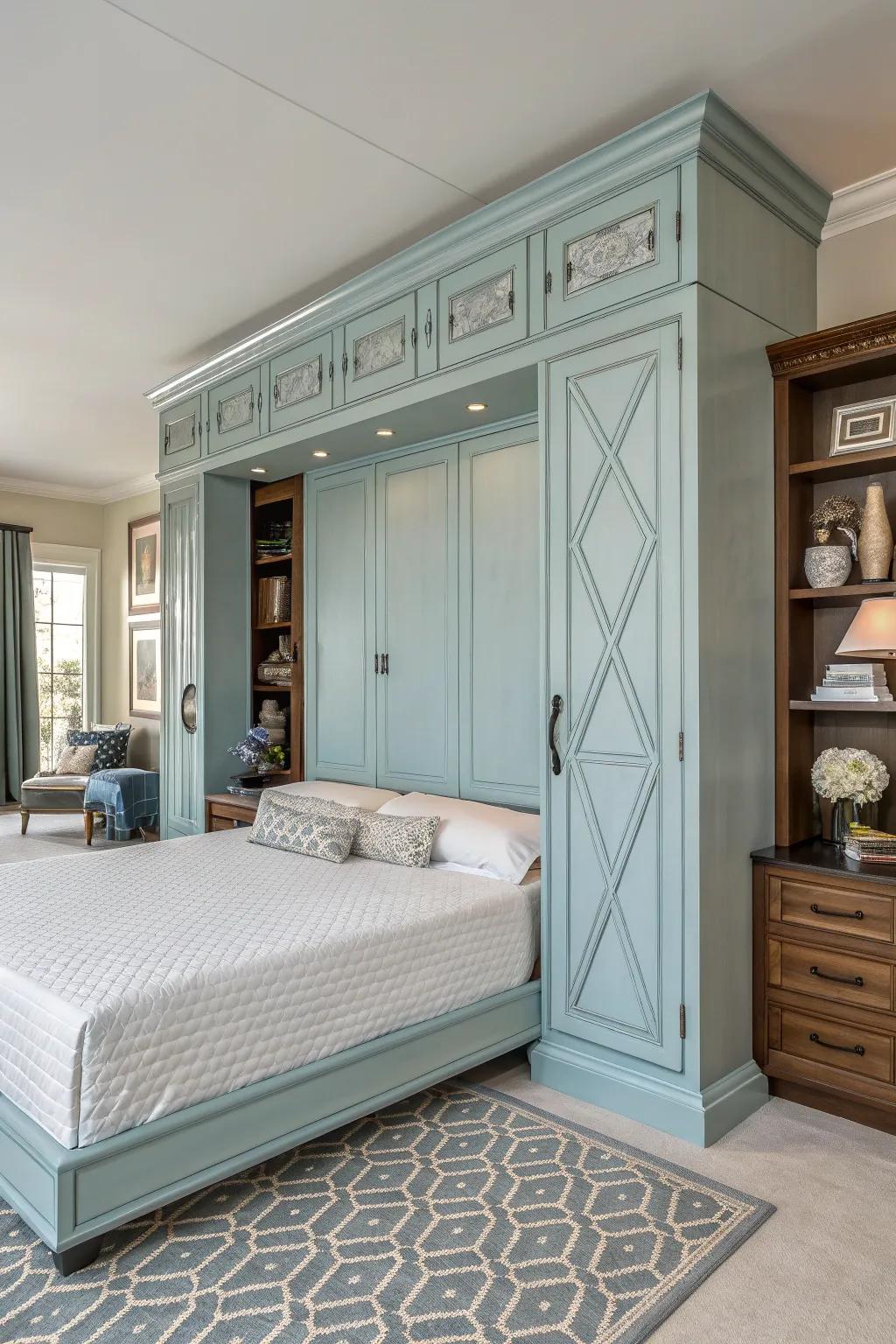 Improve your area with a custom pastel cerulean Murphy bed, where artistry converges with panache.