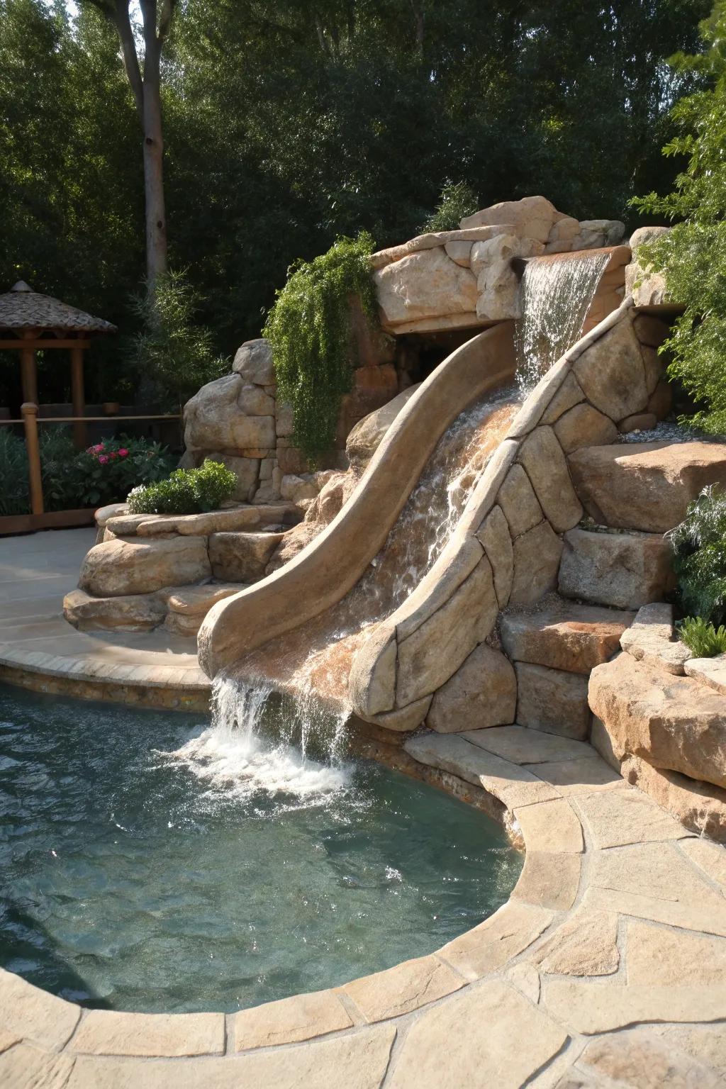 Amplify your pool adventure with a breathtaking quarry stone slide, where sophistication encounters artistry.