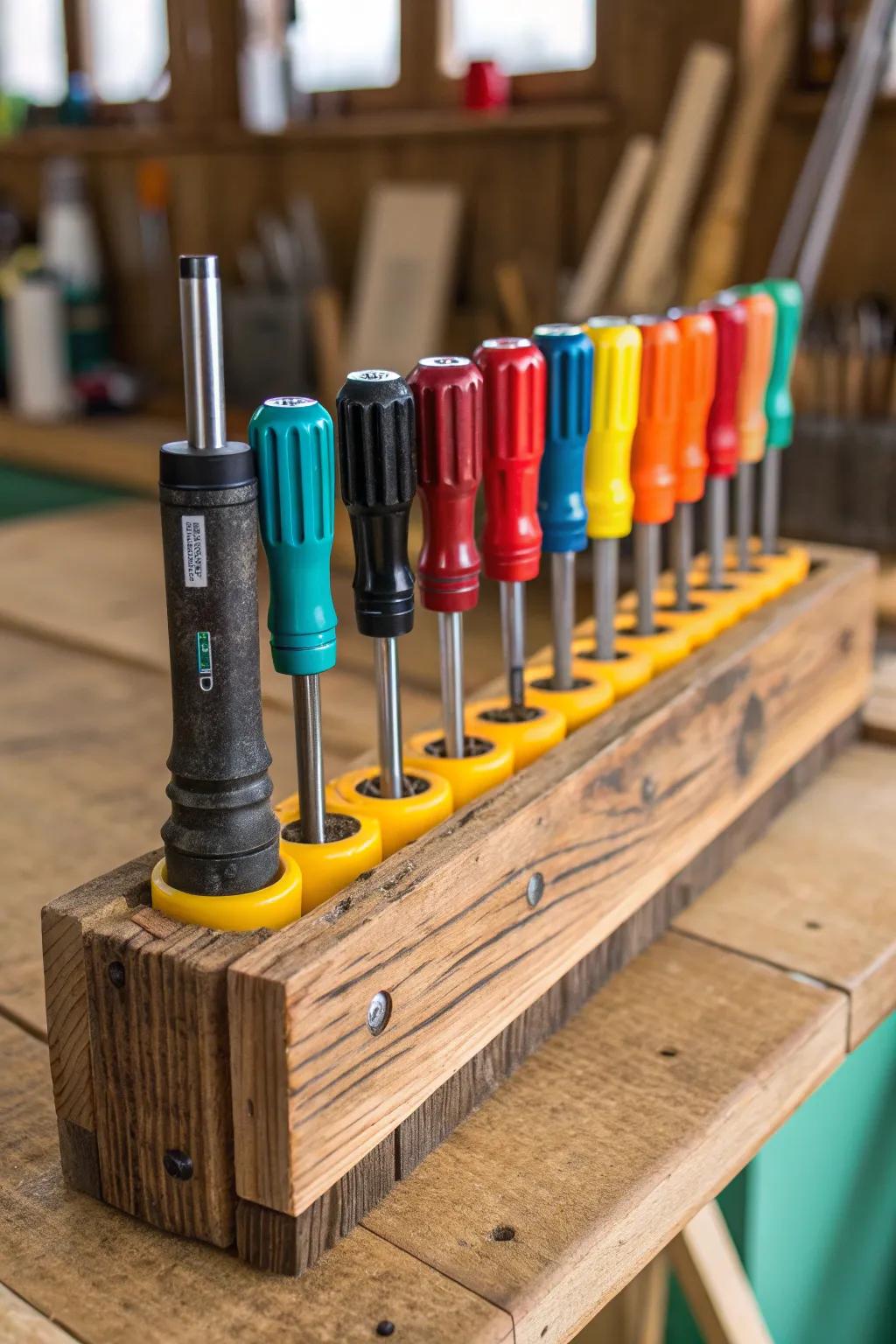 Transform your workspace into an artistic haven with this vibrant PVC tubing screwdriver holster. A seamless blend of utility and flair!