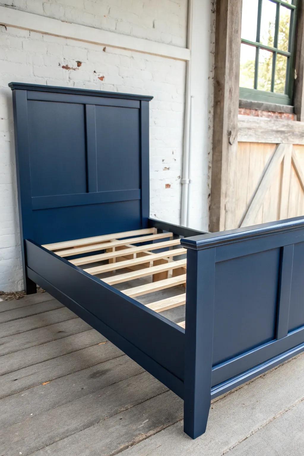 Revamp your area by incorporating a dash of tint and artisanship: a cerulean-painted twin bed structure exuding both flair and individuality.