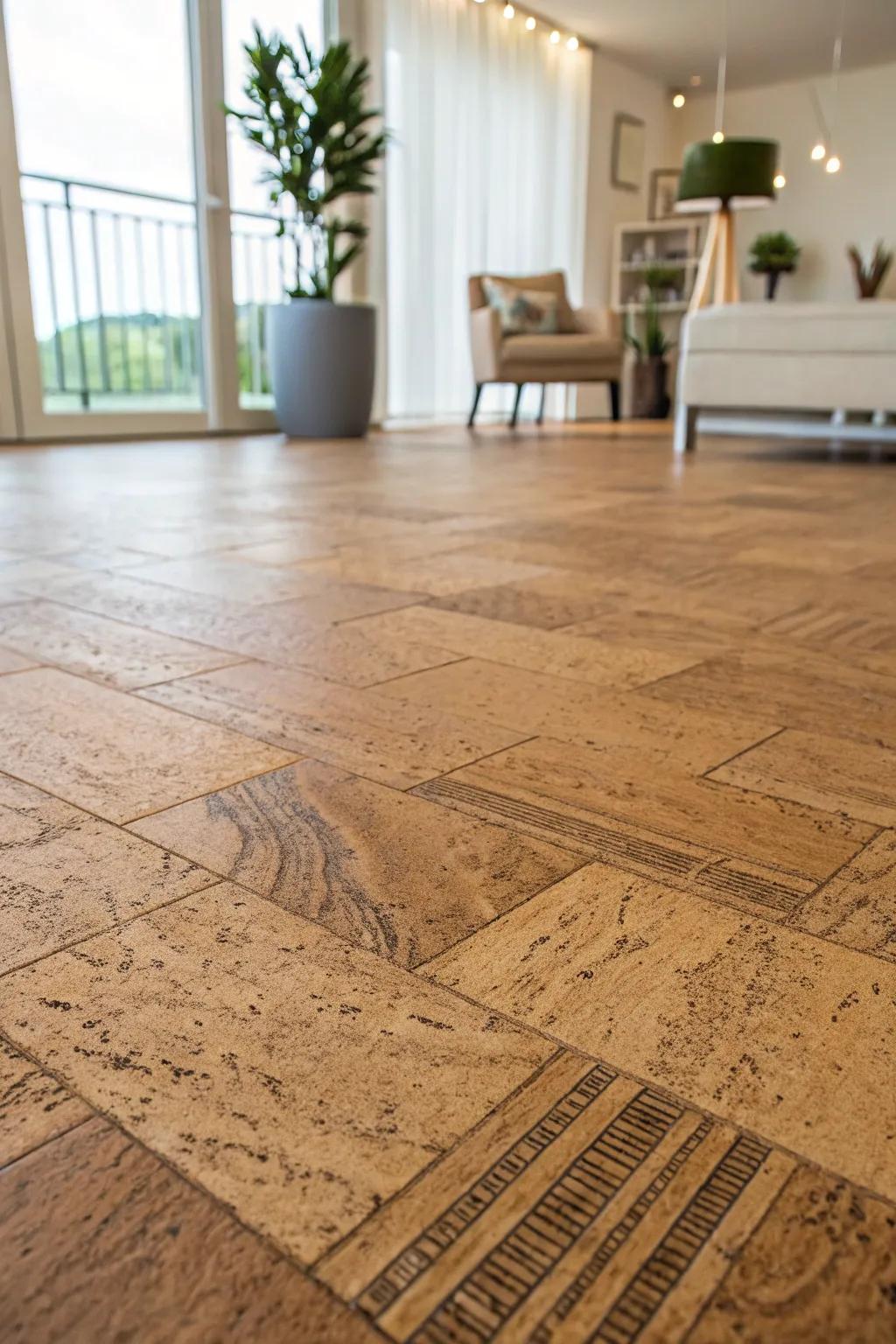 Savor the insulation and beauty of eco-friendly cork flooring, a seamless combination of style and sustainability.