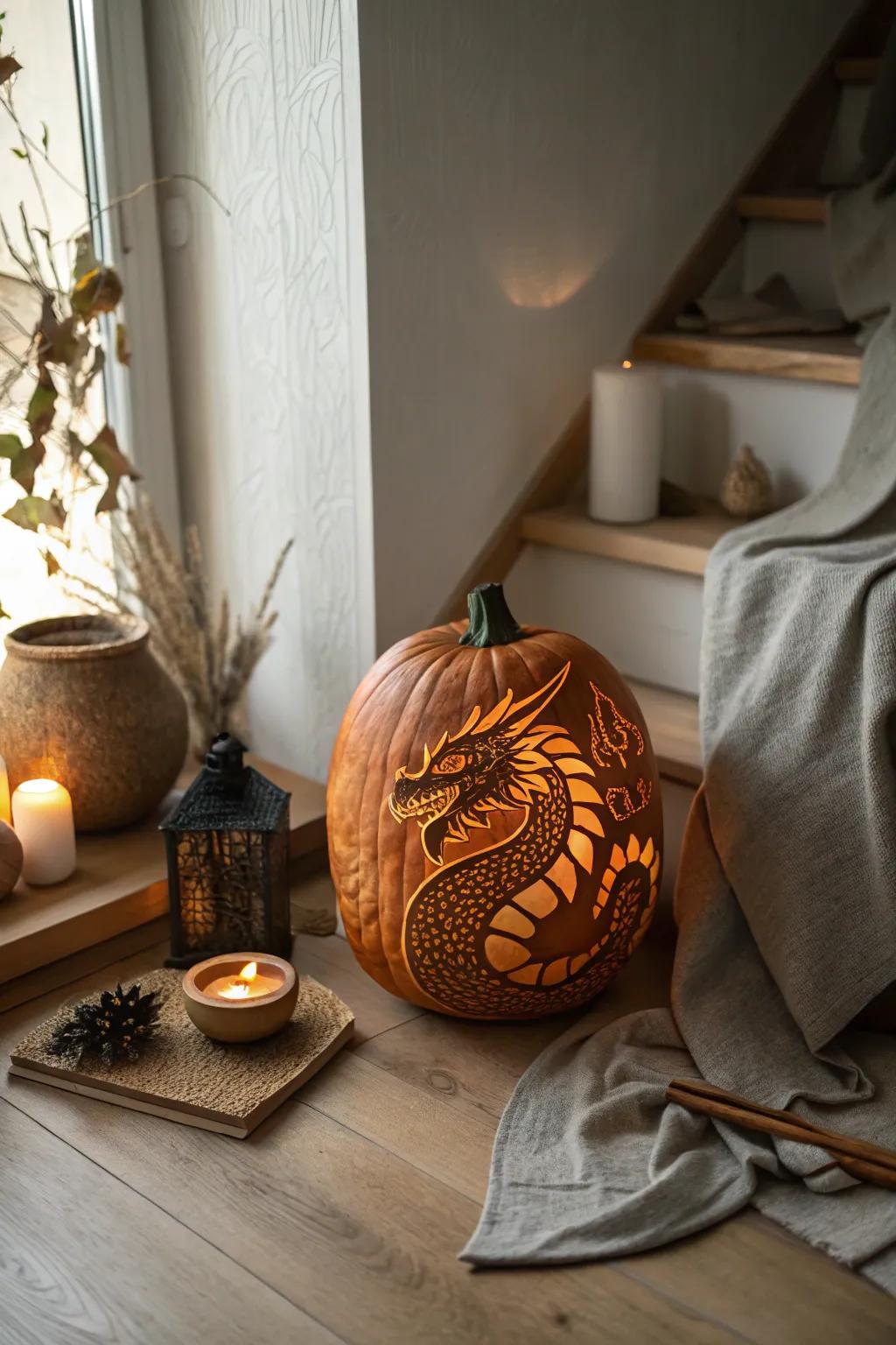 Light up your autumn with a dragon's burning shine - where illumination and shade narrate a bewitching story.