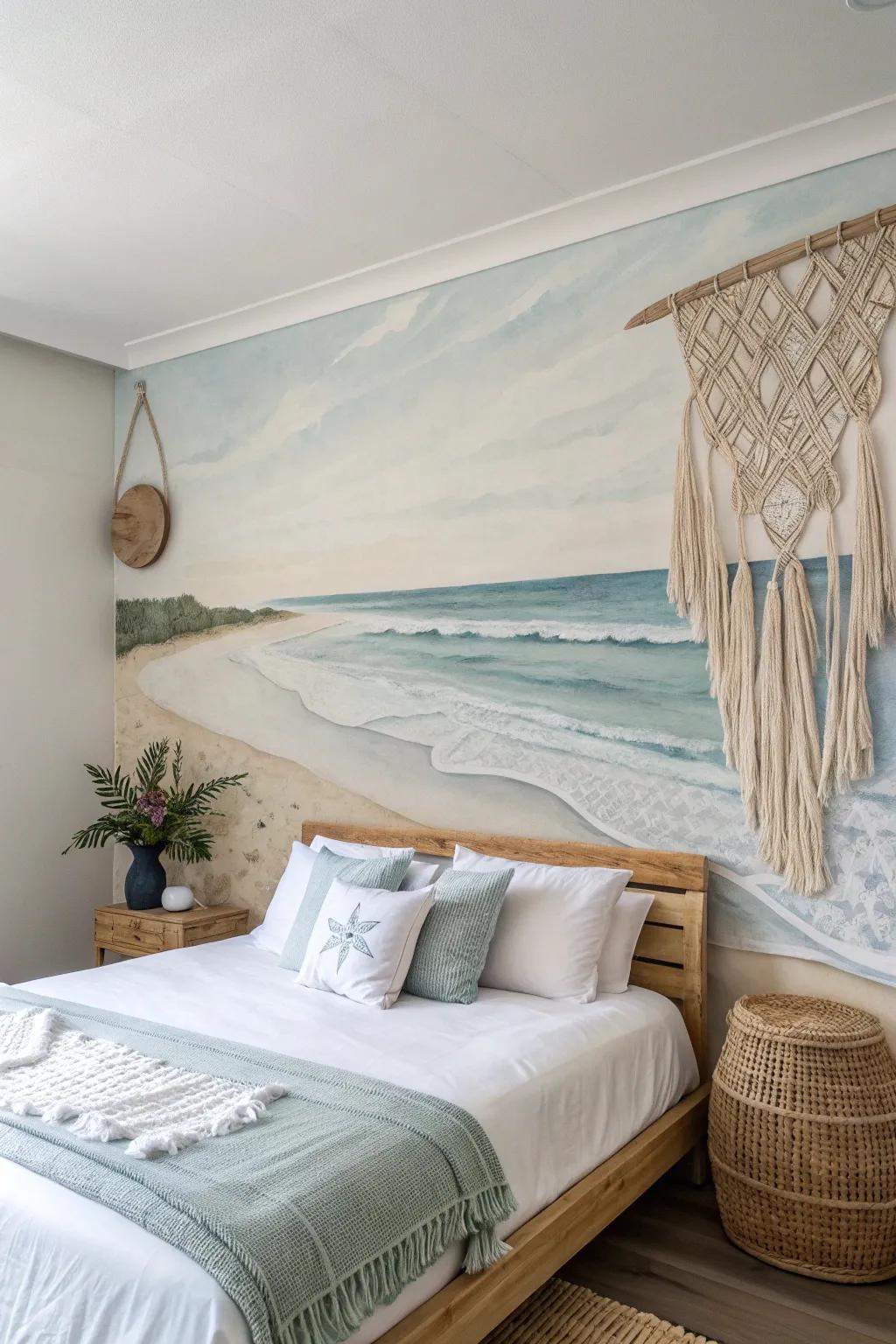 Refashion your sleeping quarters into a coastal refuge by means of a serene seaside mural, intermixing minimalist sophistication and boho allure.