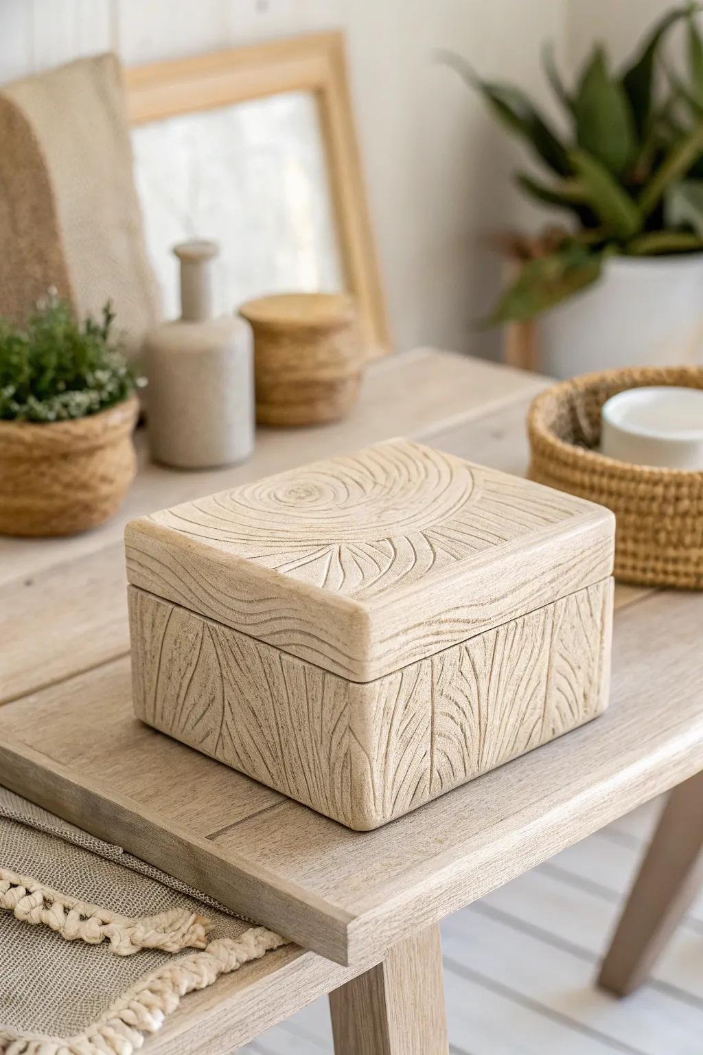 Merge the allure of timber with the artistry of clay in this captivating faux timber surface box.