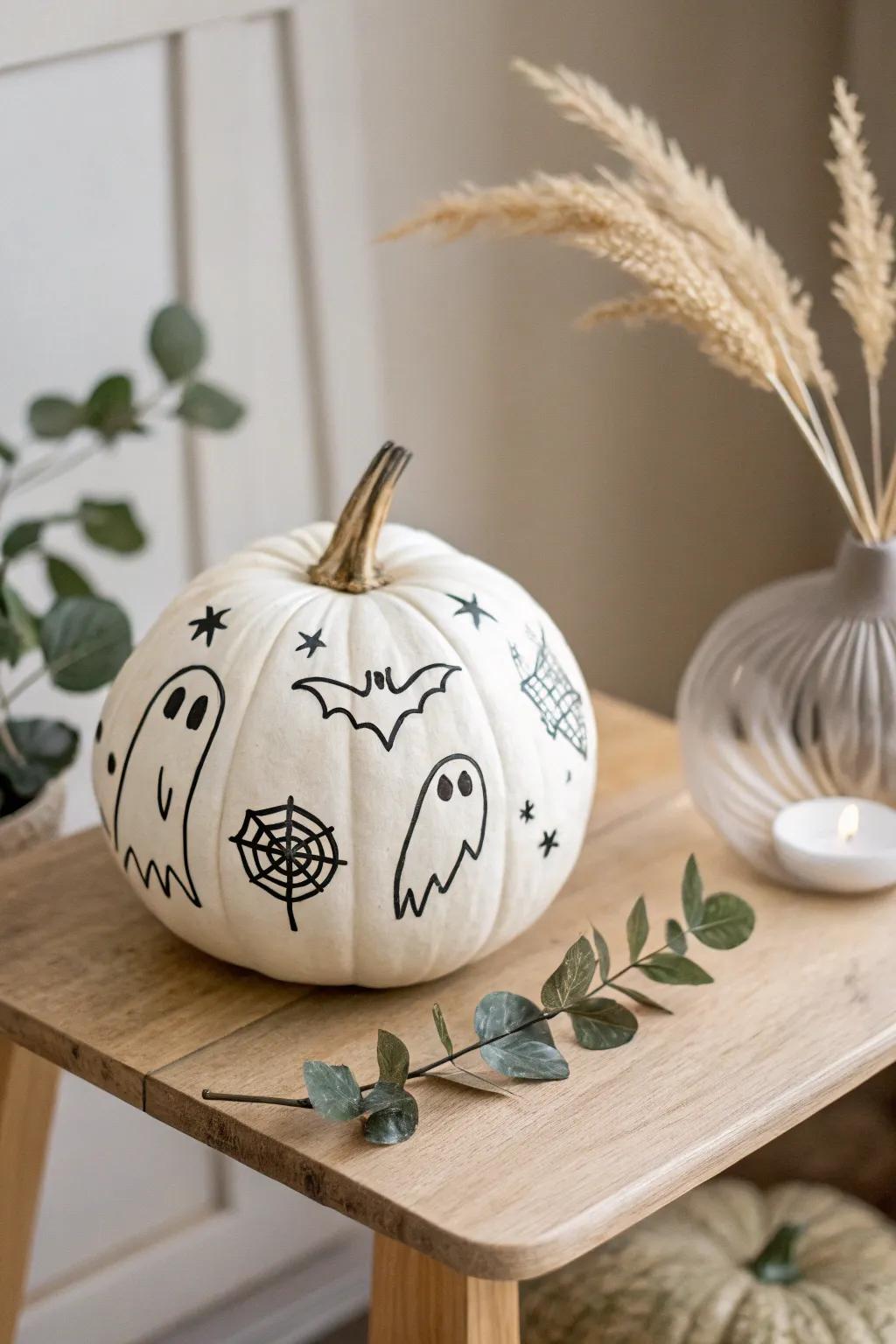 Elevate your Halloween decor with minimalist apparition and flier designs on a pumpkin—simplicity meets spooky elegance.