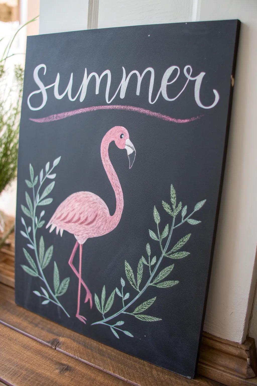Embrace the tropical sensations with this chic 'Flamingo Festivities' chalkboard artistry!
