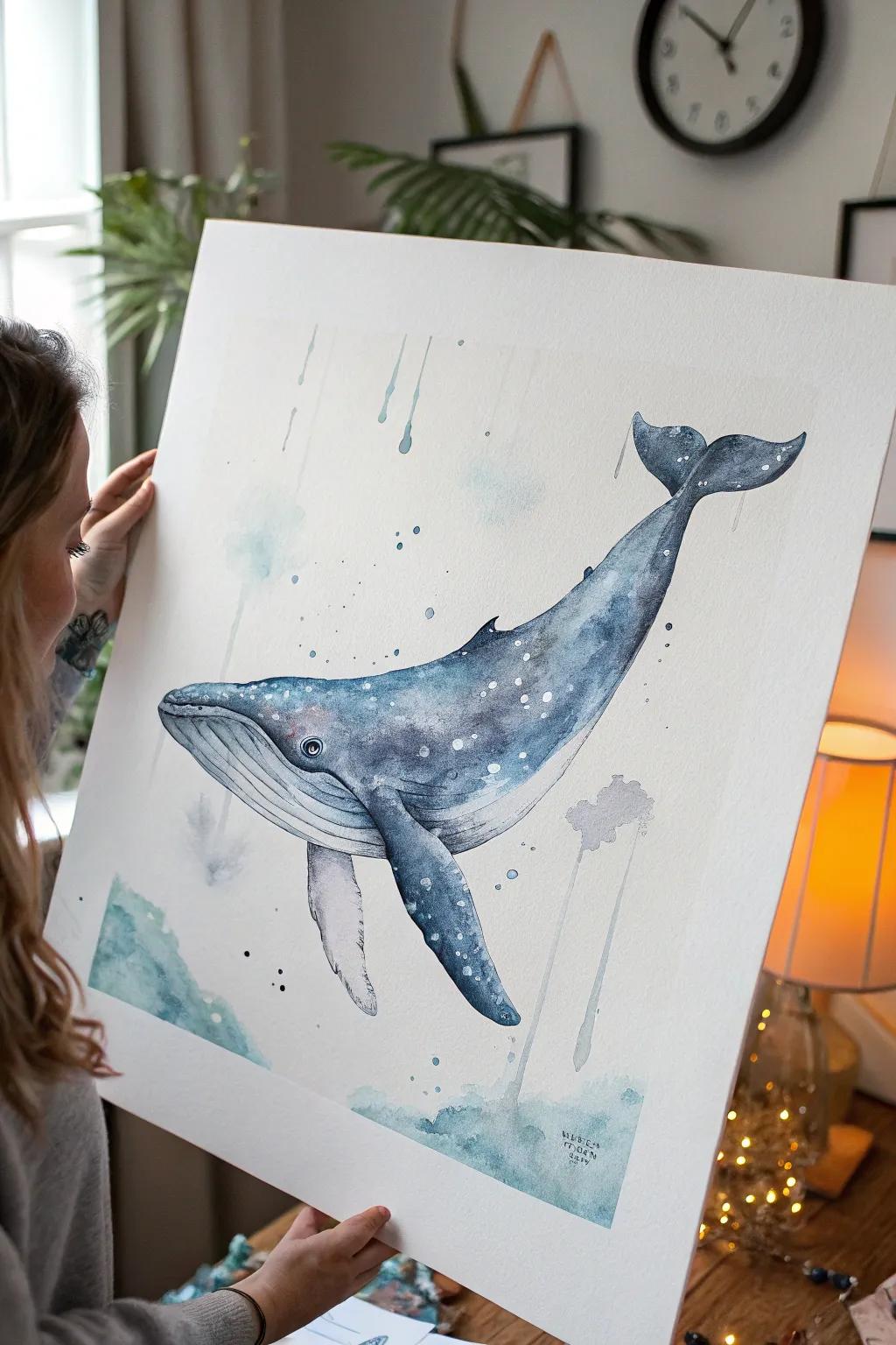 Quirky Whales: Immerse yourself in the serene splendor of aquarelle artwork via this gentle titan.