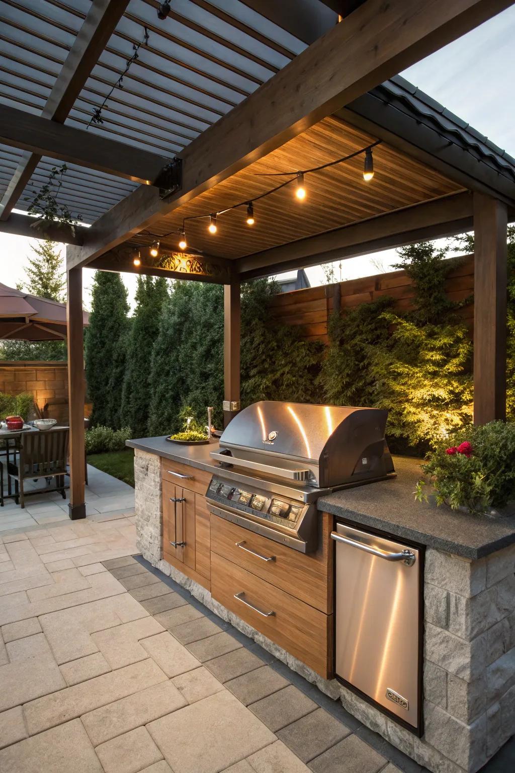 Uplift your outdoor soirees with a sophisticated integrated grill alcove beneath a chic patio roof.