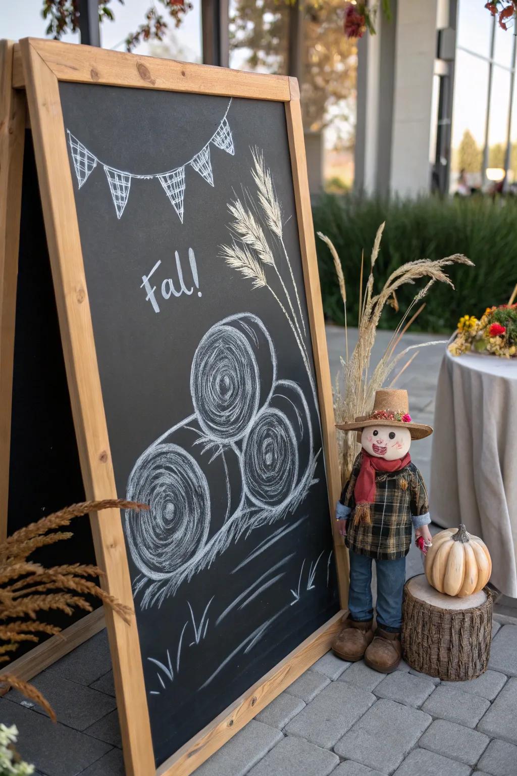 Encapsulate the essence of fall with an endearing chalkboard carnival panorama, where simplicity encounters organic beauty.