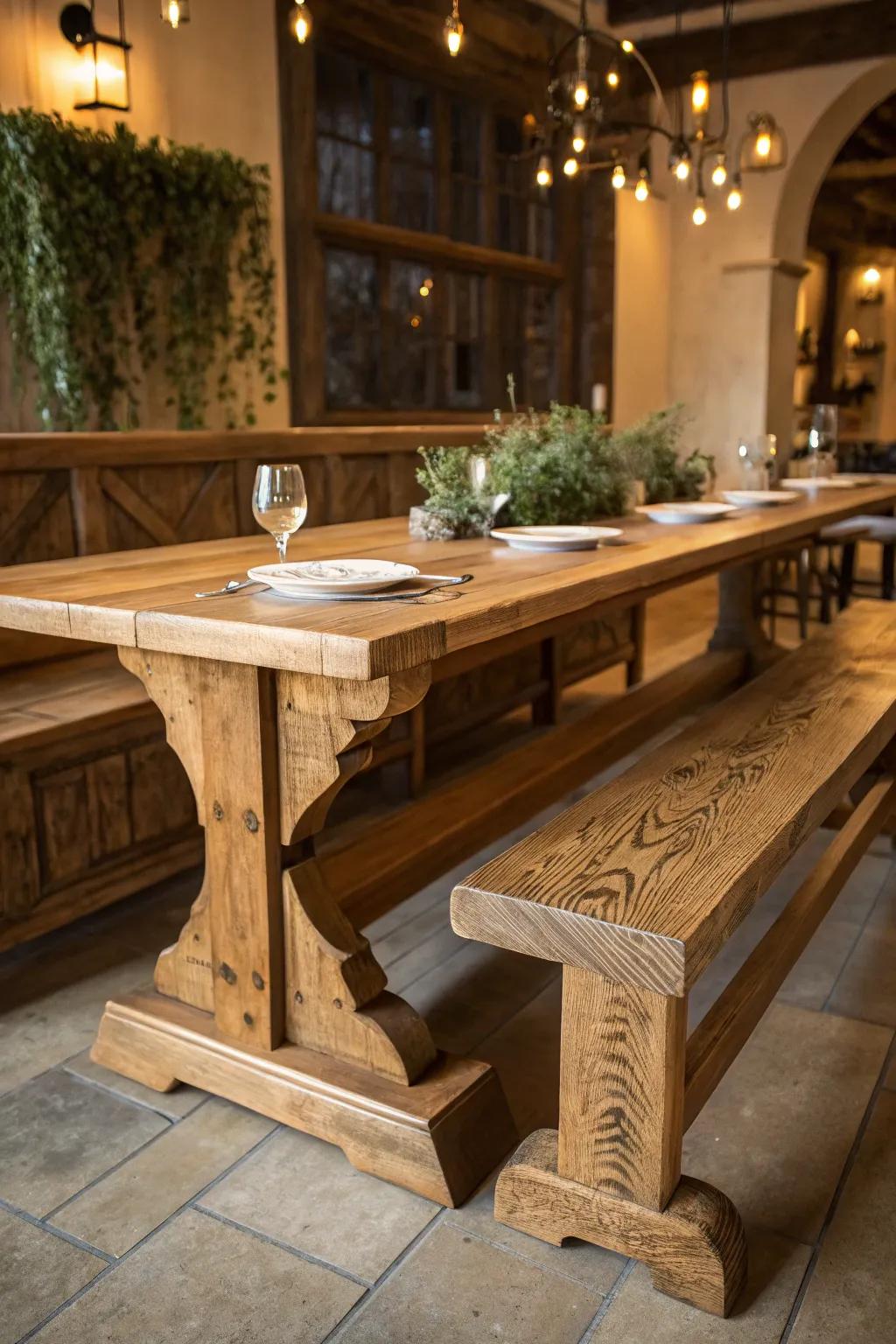 Embrace communal charm with this handcrafted farmhouse bench, perfect for intimate dining gatherings.