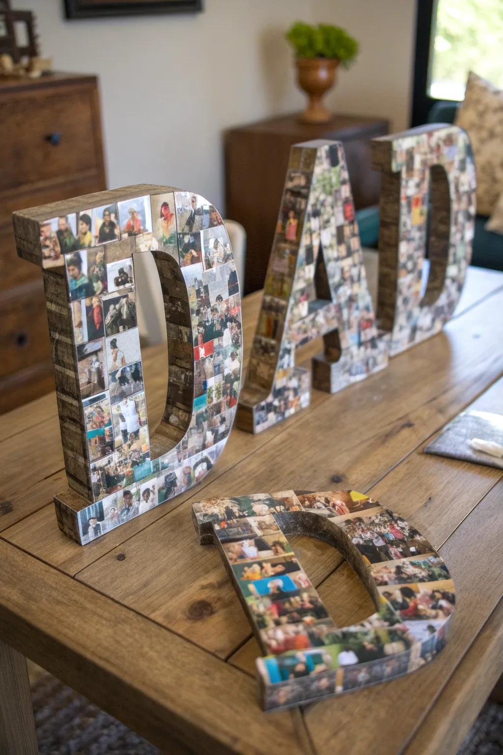 Celebrate Father's Day with a sincere image composition that spells 'DAD'—a flawless fusion of craftsmanship and treasured memories.