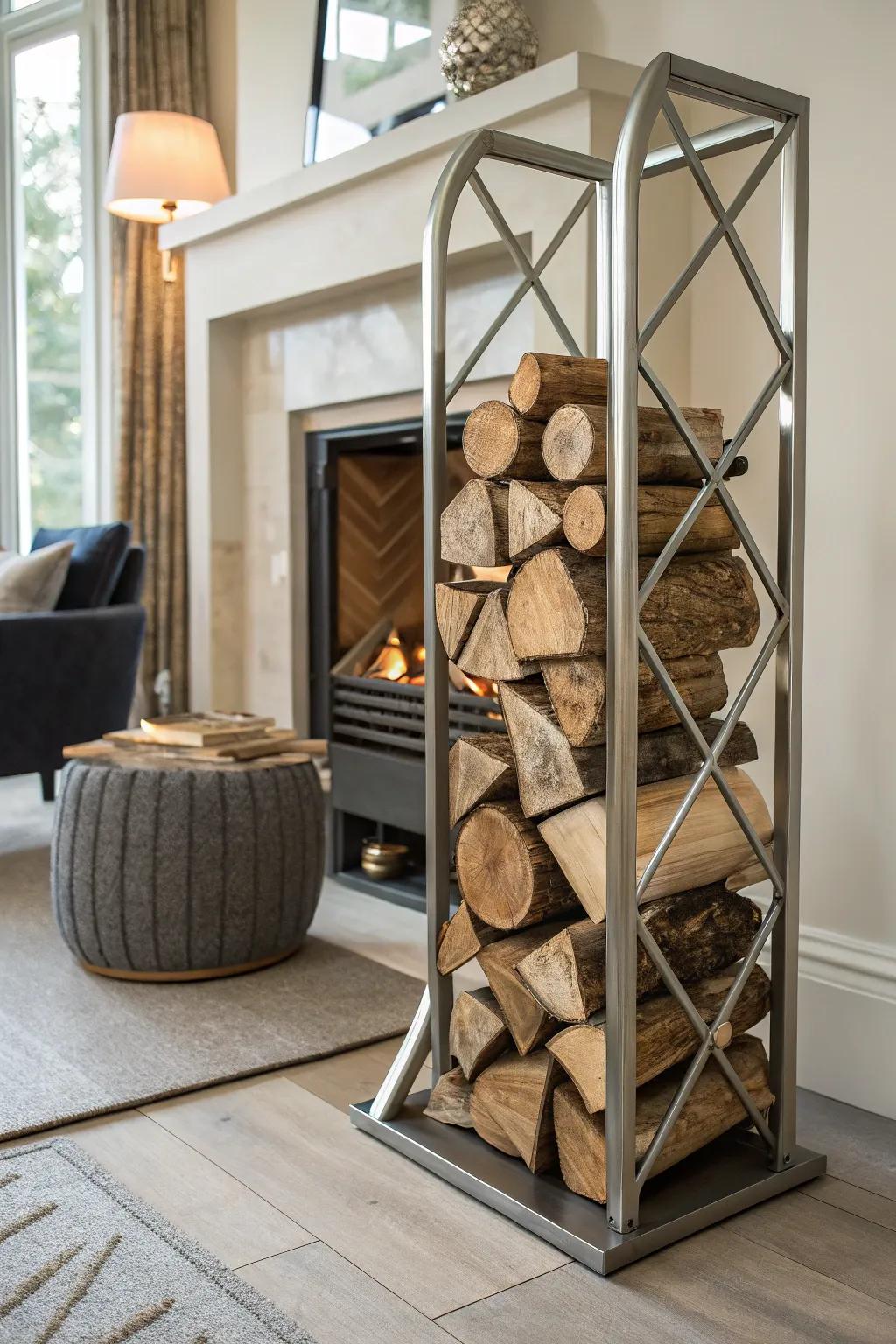 Elevate your space with a modern metal log rack that blends style and functionality effortlessly.
