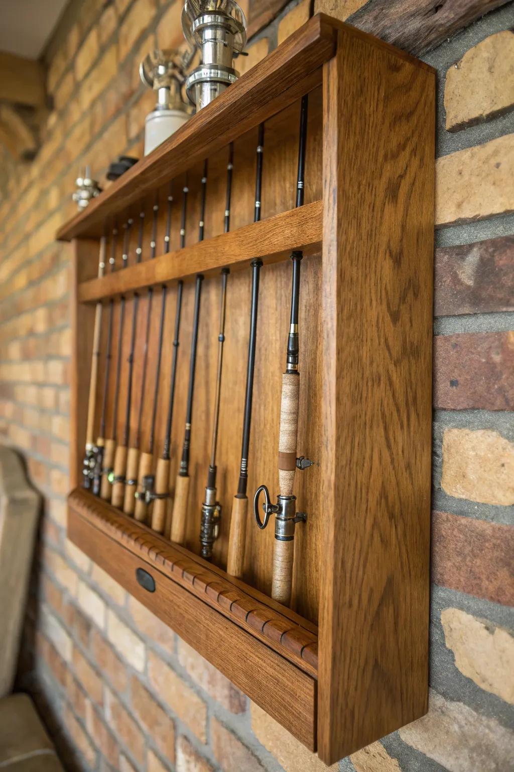 Transform your space with handcrafted sophistication: streamlined fishing pole storage that resonates with the essence of craftsmanship.