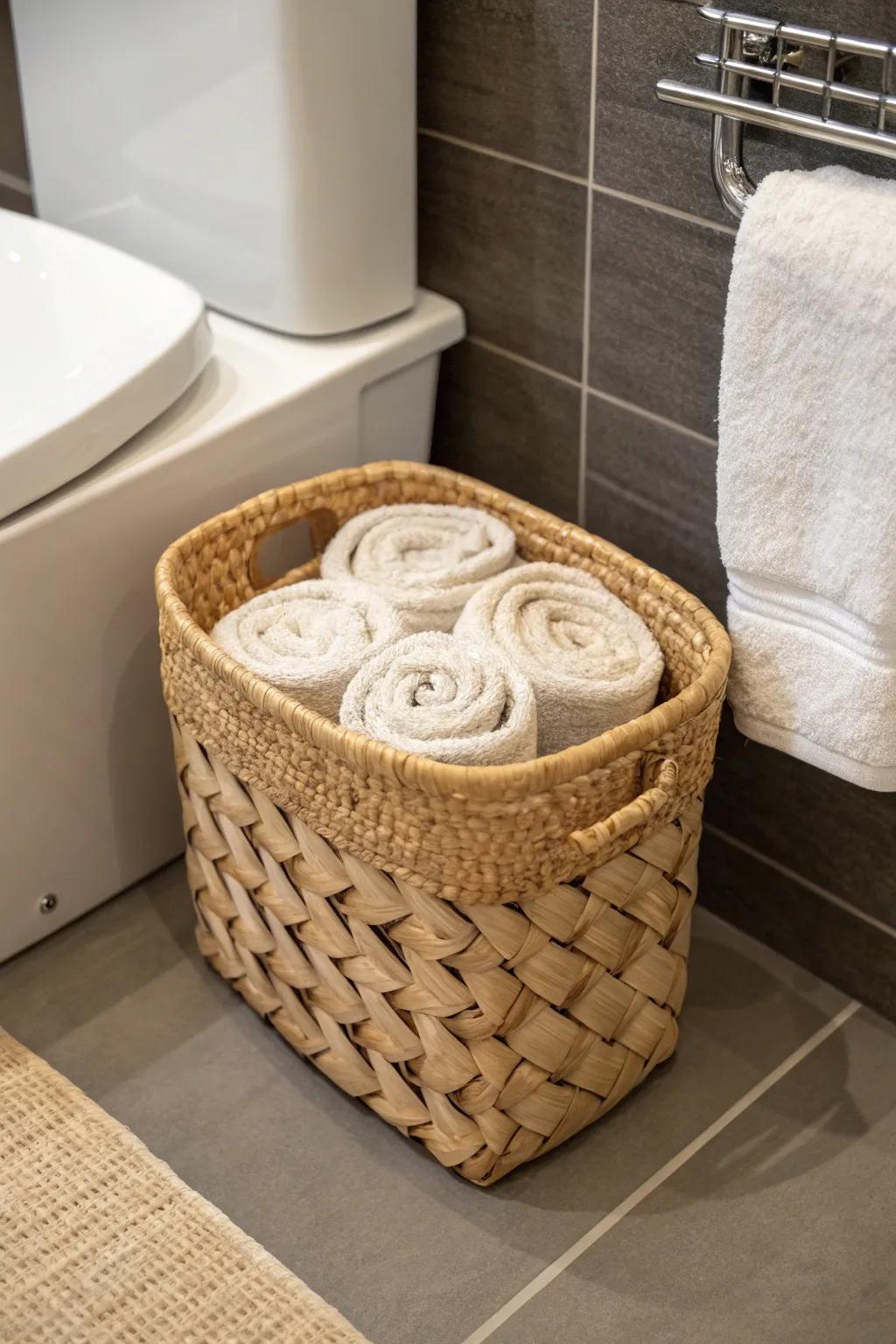 Craftsmanship converges with functionality: A woven container transforms an unused space into a stylish storage solution.