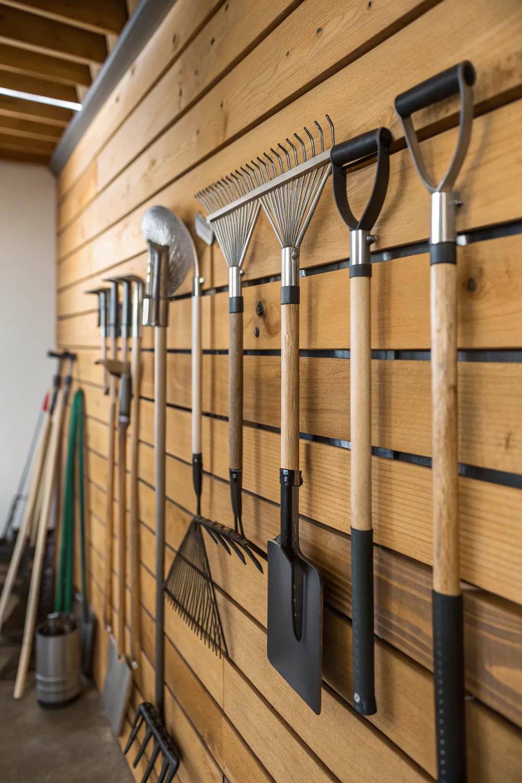 With this perfect slatwall display for those who enjoy gardening, convert your garage into a structured space.