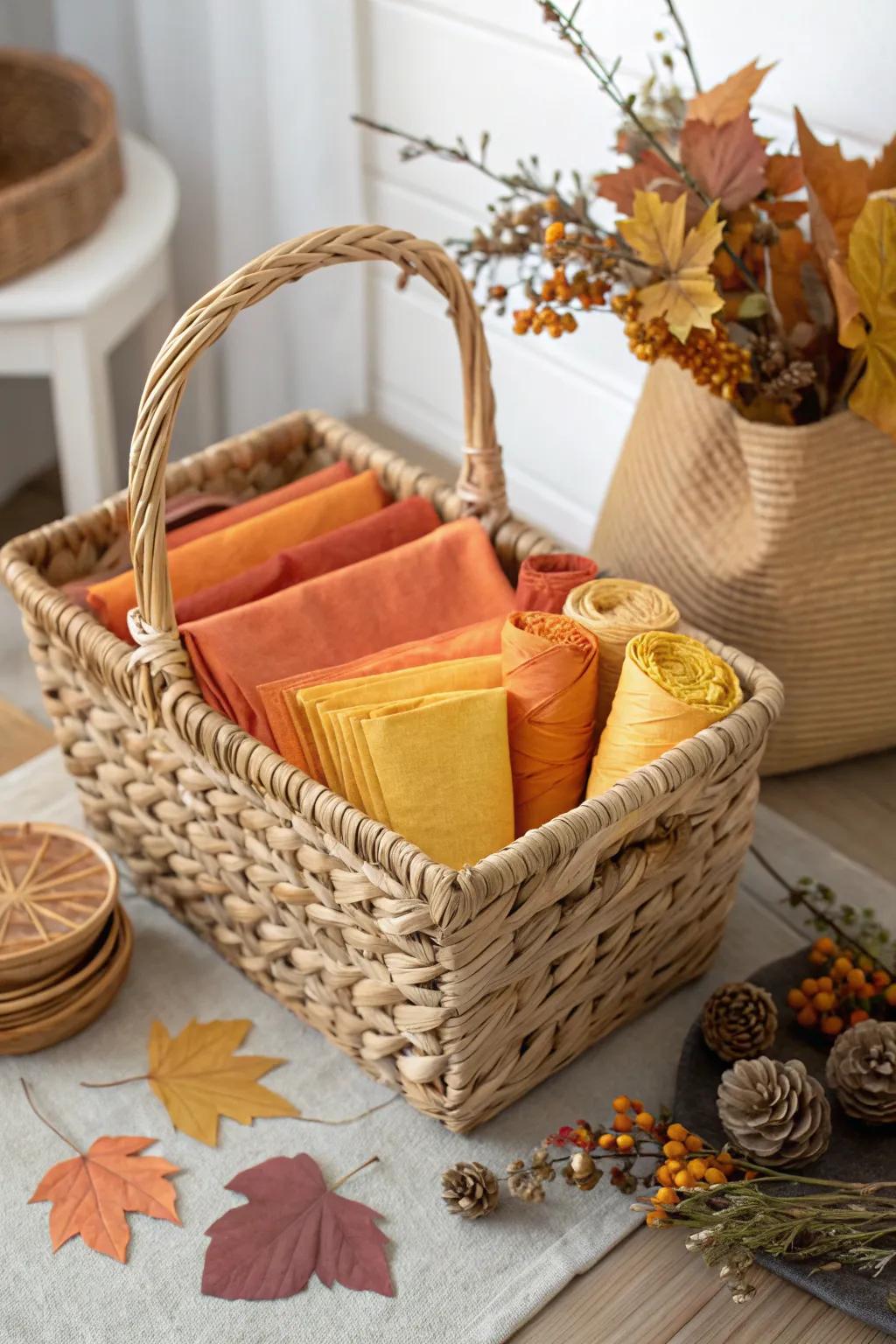 Embrace the warmth of autumn with a hint of minimalist elegance – the ideal seasonal gift basket concept.