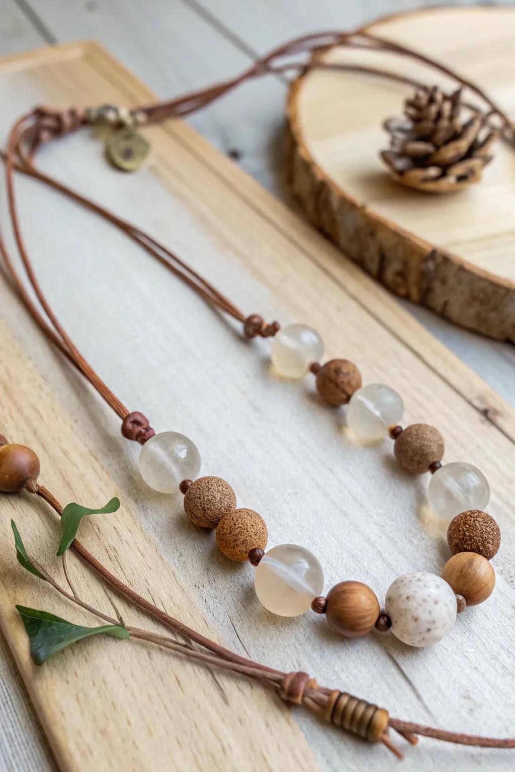 Appreciate the splendor of contrast featuring this textured glass and wood necklace.