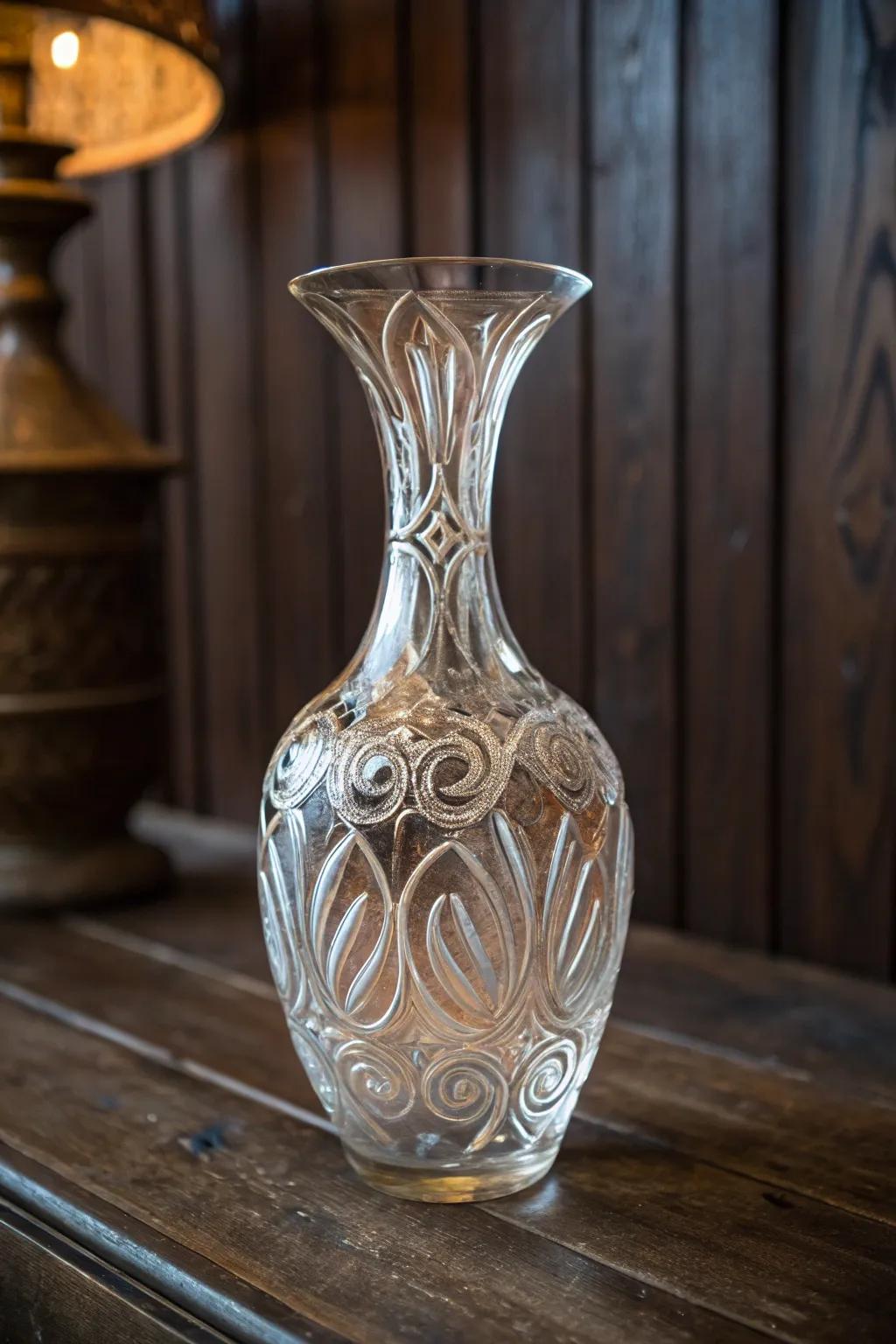 Marvel at the artistry of glass forming with this breathtaking, intricately detailed vase.