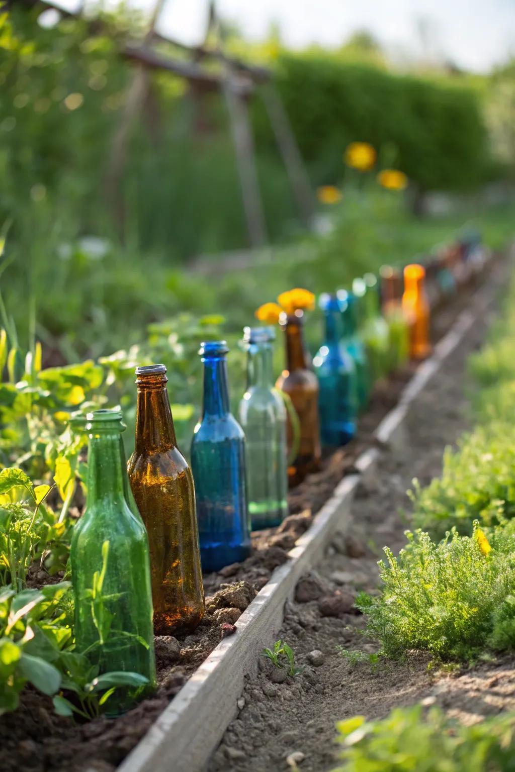 Transform your garden through whimsical glass bottle borders—uncomplicated elegance meets colorful allure.
