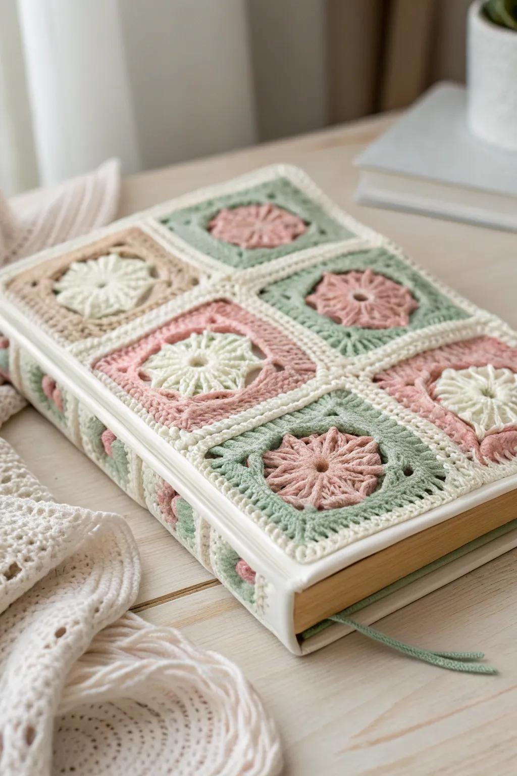 Introduce a hint of handcrafted refinement to your bookshelf with a granny square novel protector.