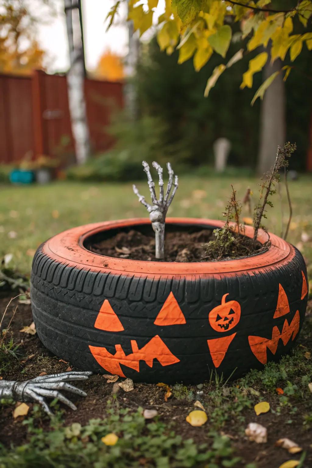 Transform your garden with these eerie Halloween tire flora holders—where innovation meets artisanship!