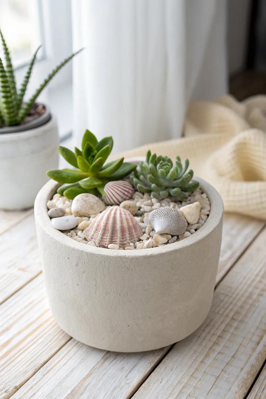 Bring the ocean's charm to your home with this stylish seashell plant display, ideal for introducing a beachy ambiance to your space!
