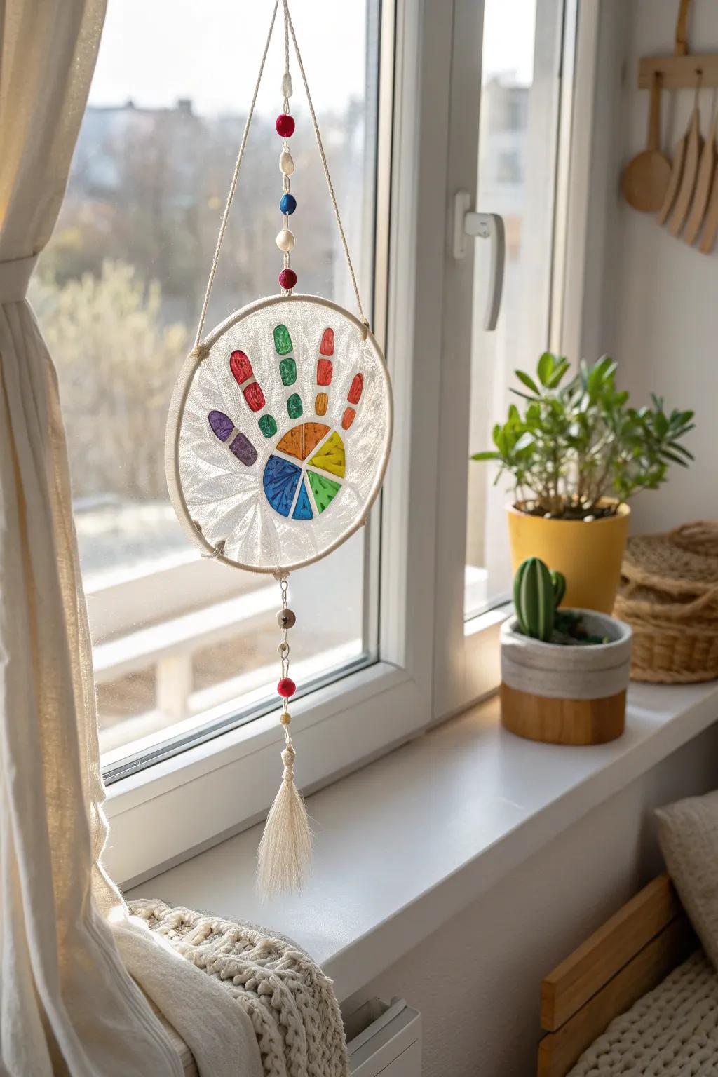Brighten your space with the joy of handcrafted memories. This captivating handprint sun catcher brings a hint of whimsy and warmth to any setting.