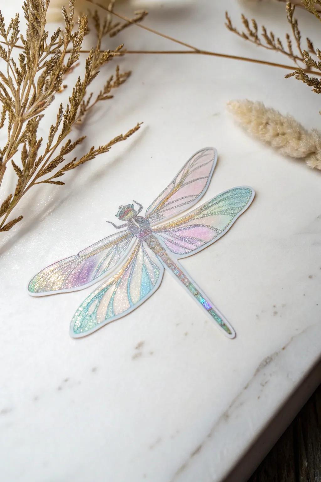 Capture light using this enchanting iridescent dragonfly decal, ideal for injecting a dash of magic and whimsy into your space.