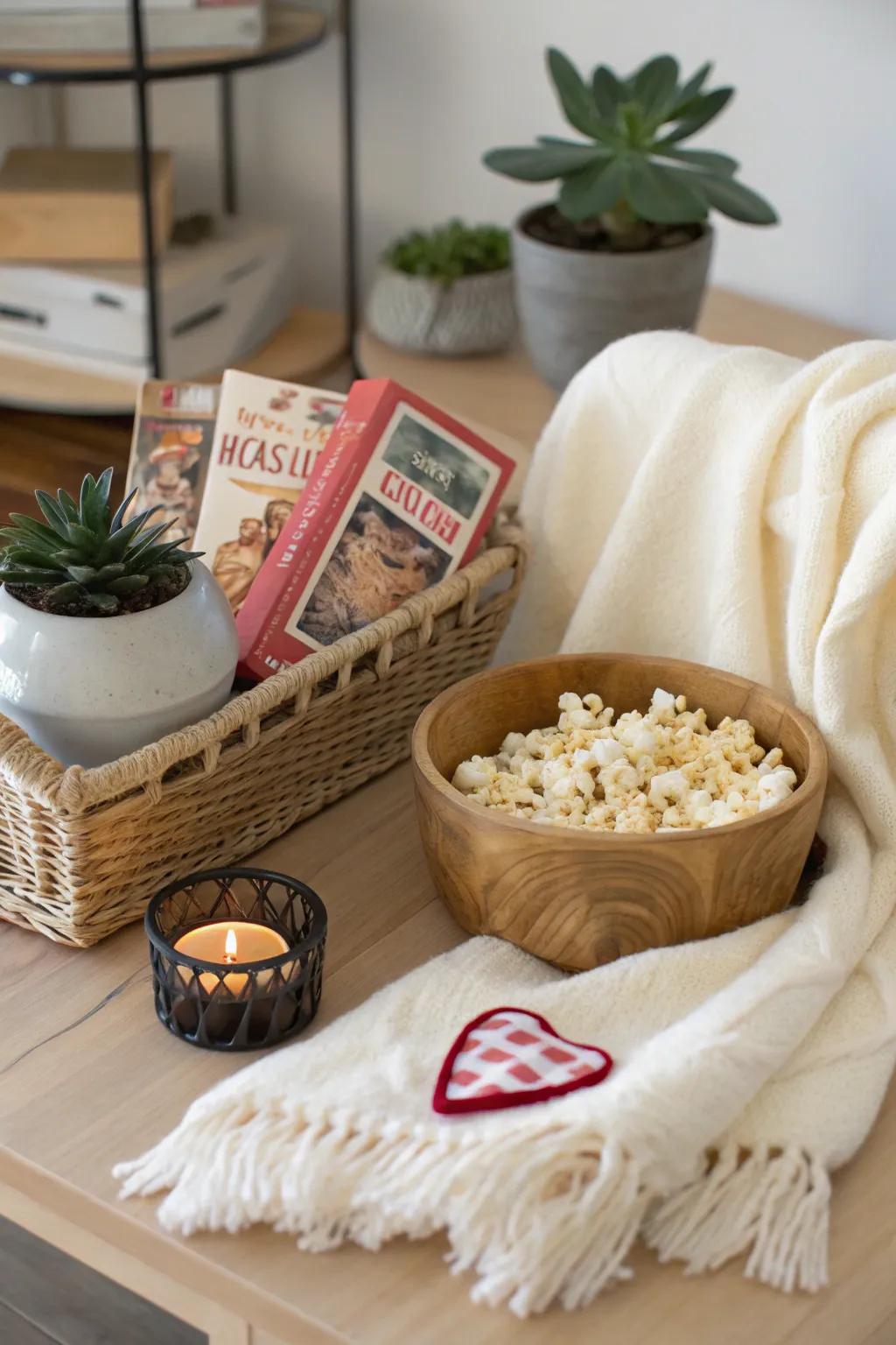 Design the perfect cozy movie night basket for him this Valentine's Day, blending simple charm with bohemian warmth.