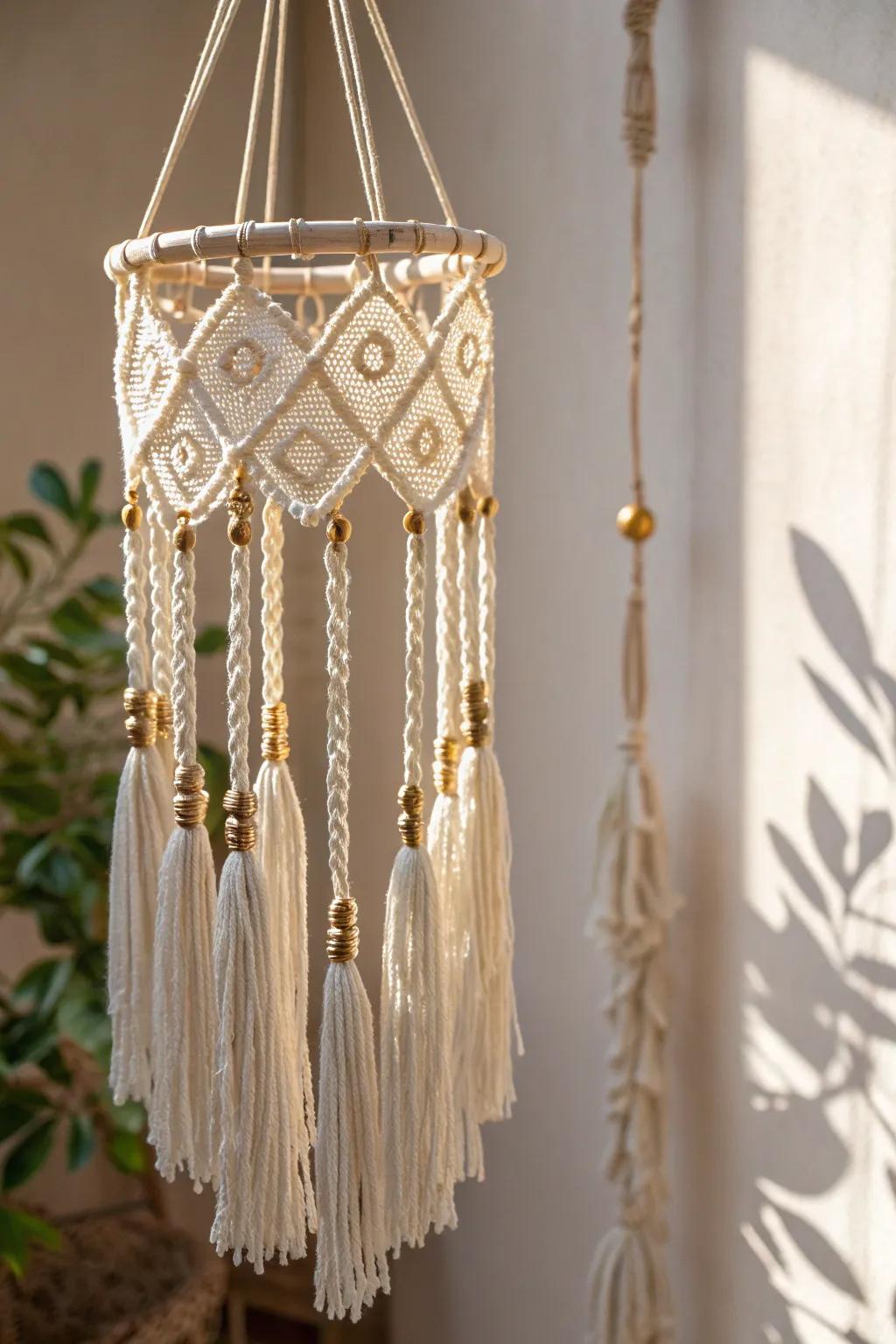 Elevate your setting with bohemian-inspired knotted cord allure and soothing metallic melodies.