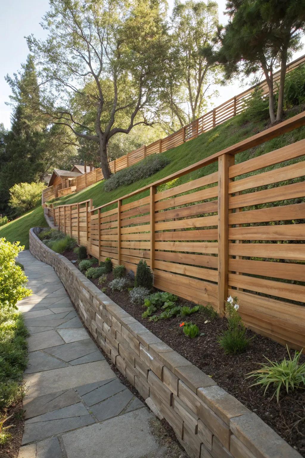 Enhance your garden with the timeless sophistication of a natural finish horizontal fence.