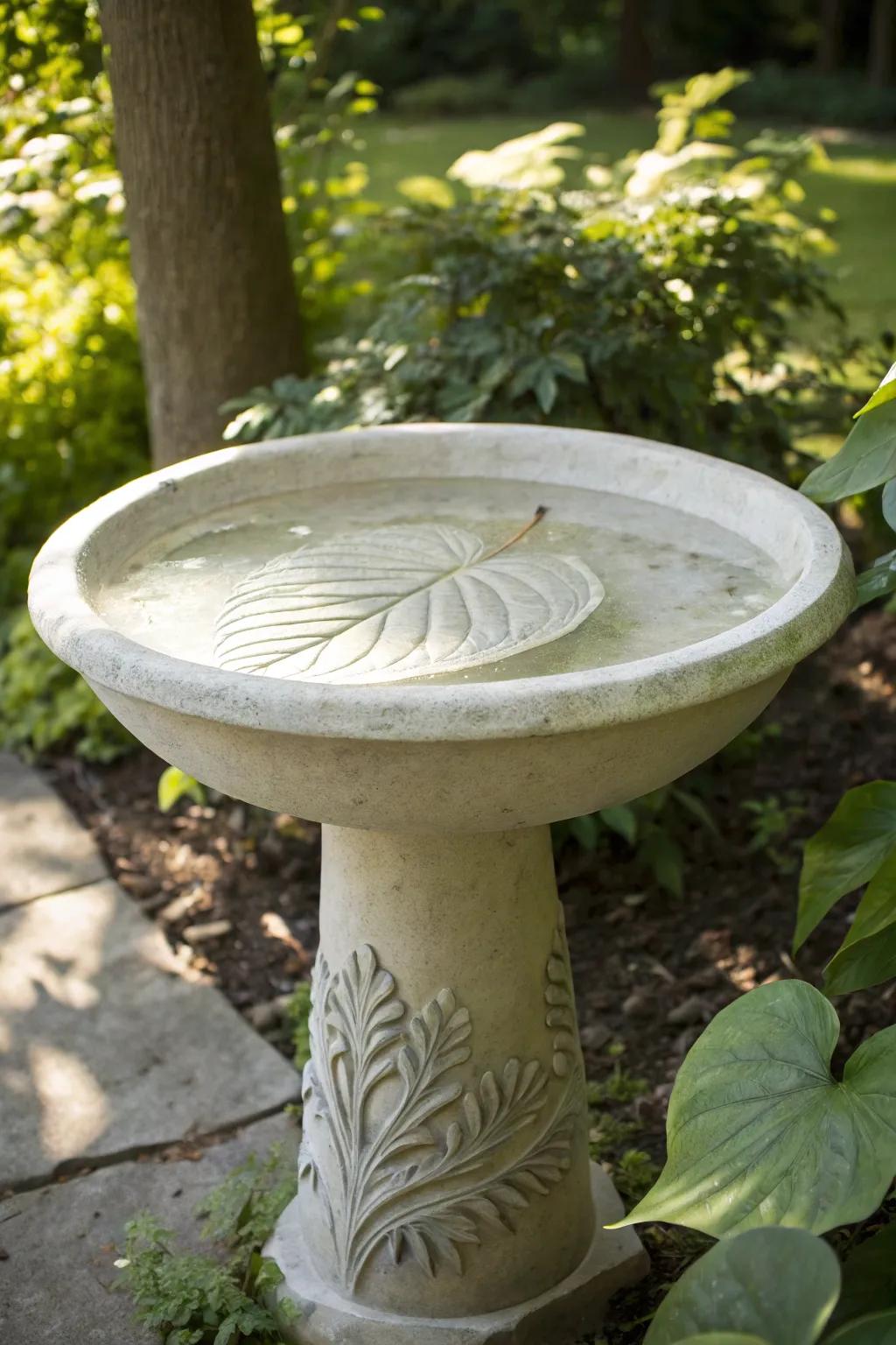 Embrace nature's refinement through a foliage-imprinted birdbath, wherein artistry converges with unpretentiousness.