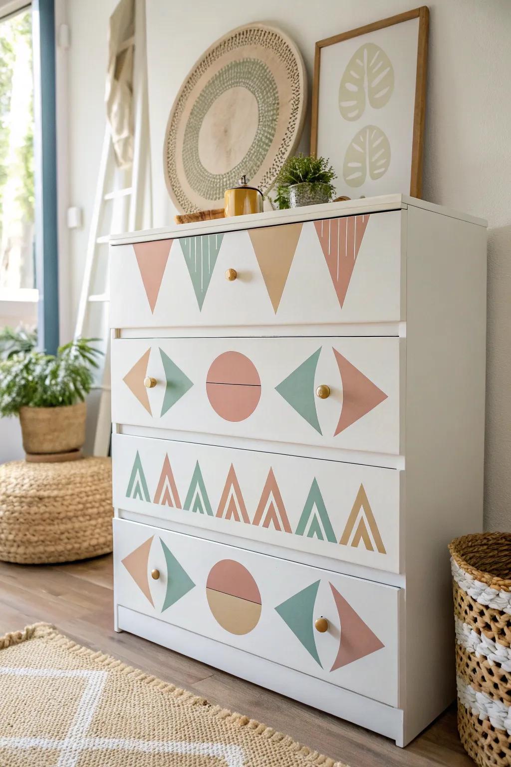 Transform your space with playful geometric designs on your dresser for a touch of Scandinavian minimalism and boho charm.