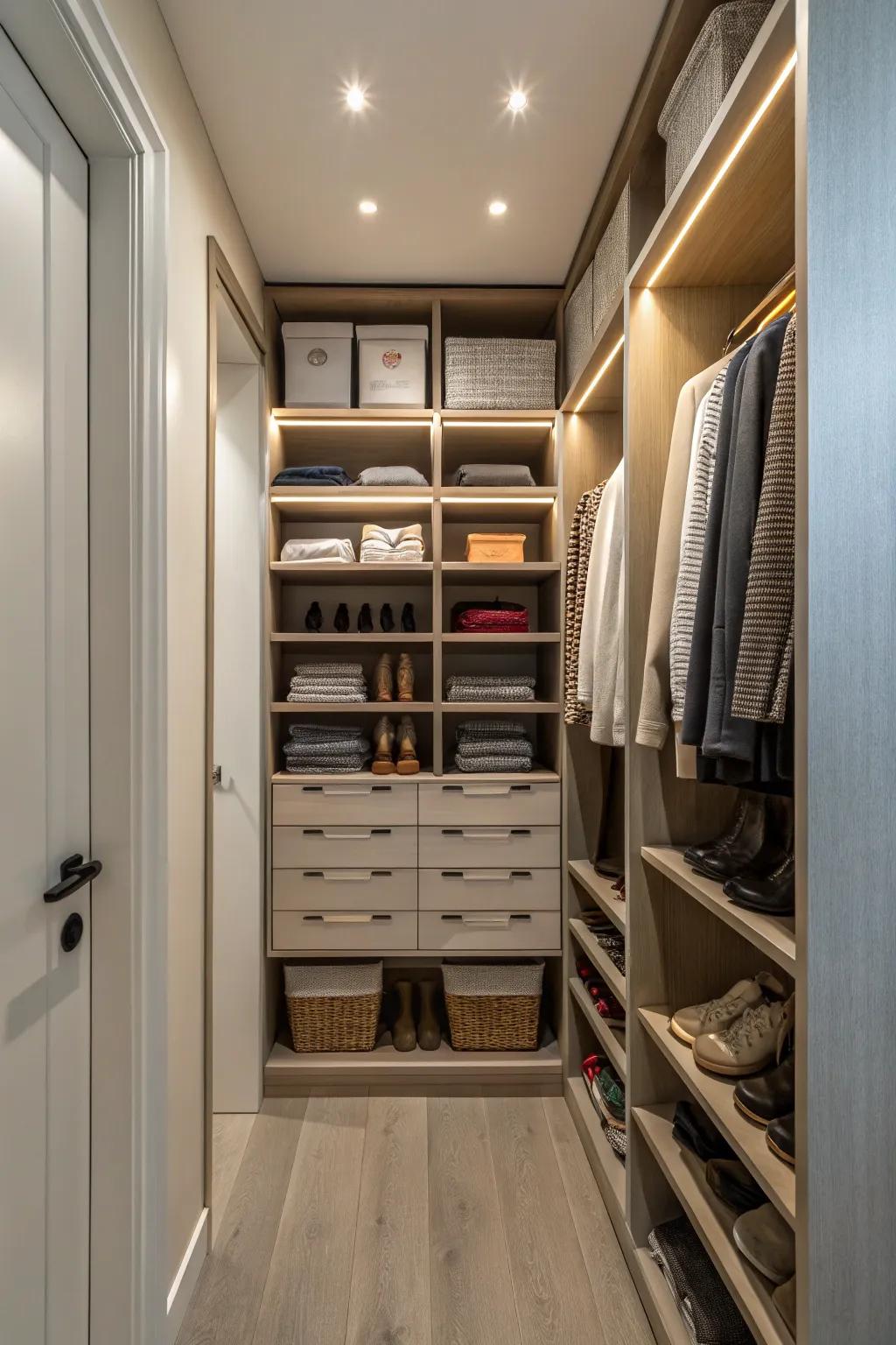 Vertical shelving systems optimize storage in tall closets.
