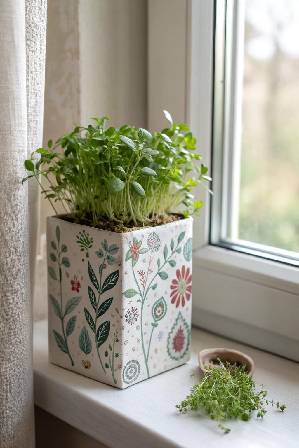 Transform a simple drink box into a charming windowsill herb garden with minimalist Boho flair!
