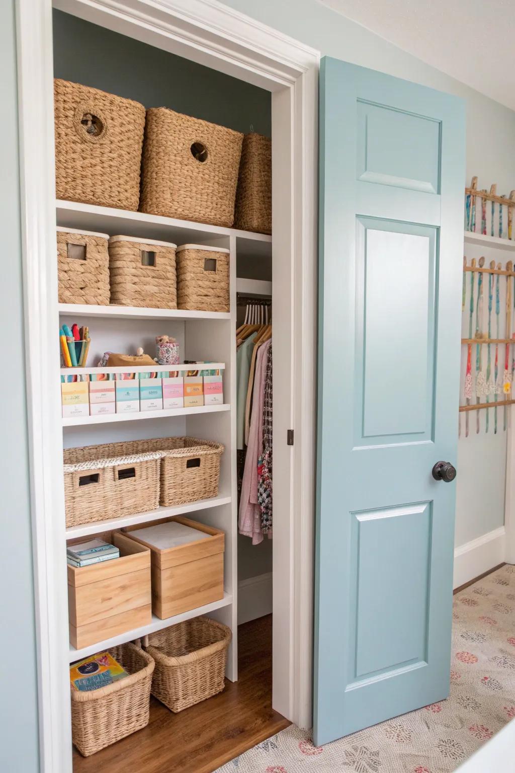 Transform your closet into a peaceful craft haven for youngsters, blending Scandinavian simplicity with a hint of Boho charm.