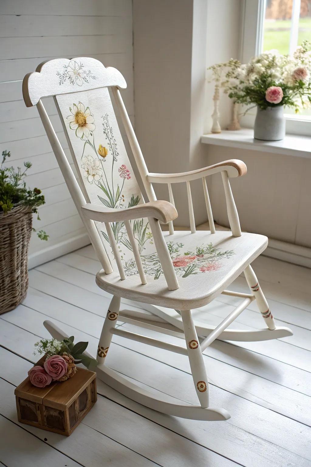 Blooming Beauty: A touch of nature featuring hand-painted florals on a child's rocking chair.