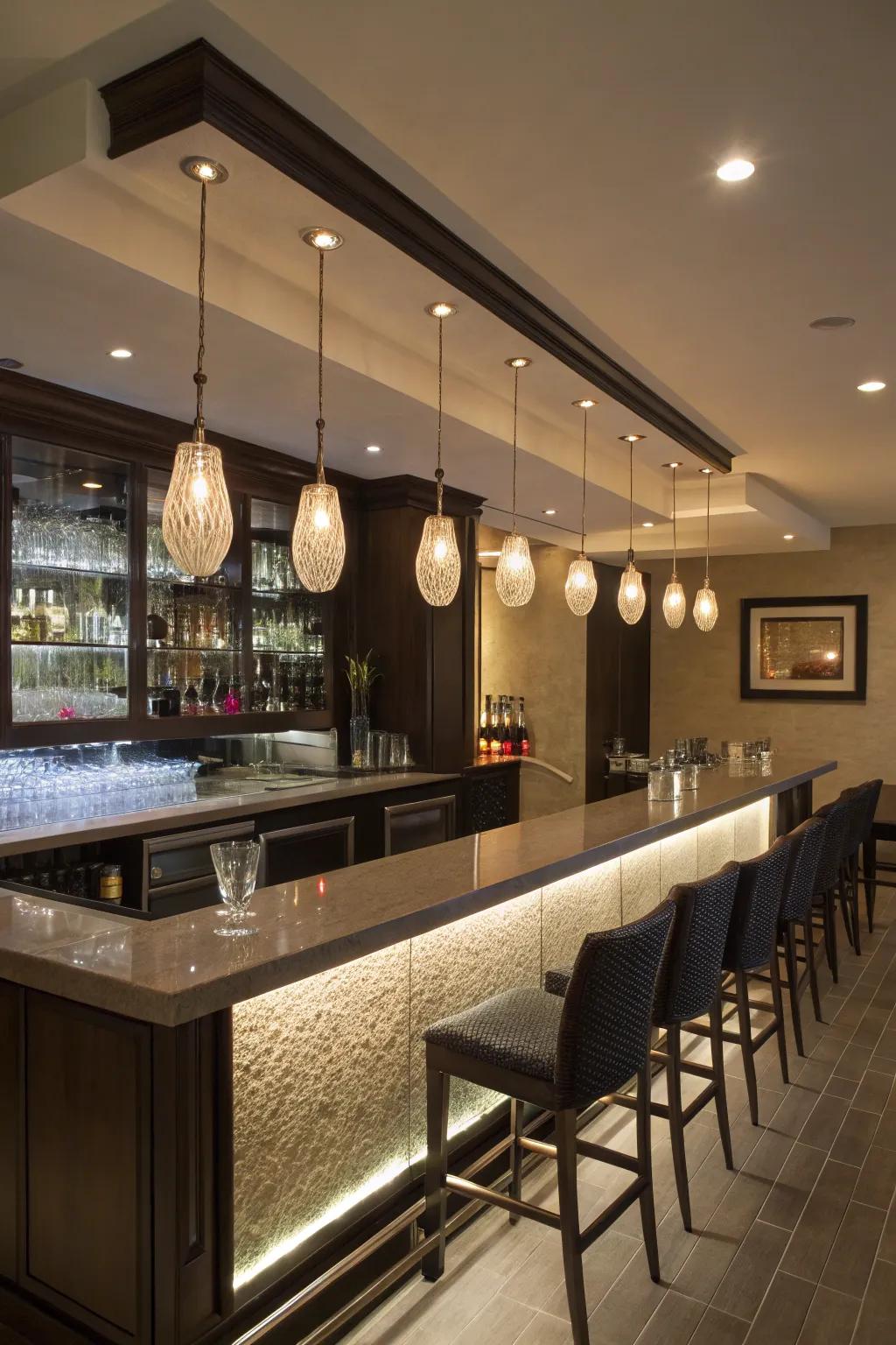 Atmospheric lighting introduces an enchanting element to this inviting L-shaped wet bar.