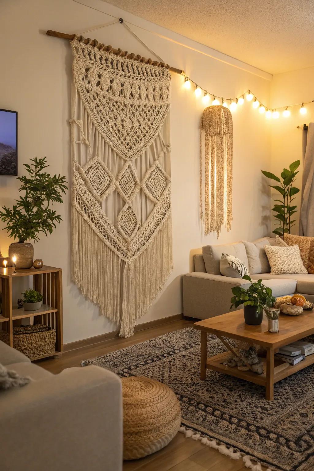 A handwoven wall display introduces texture and warmth.