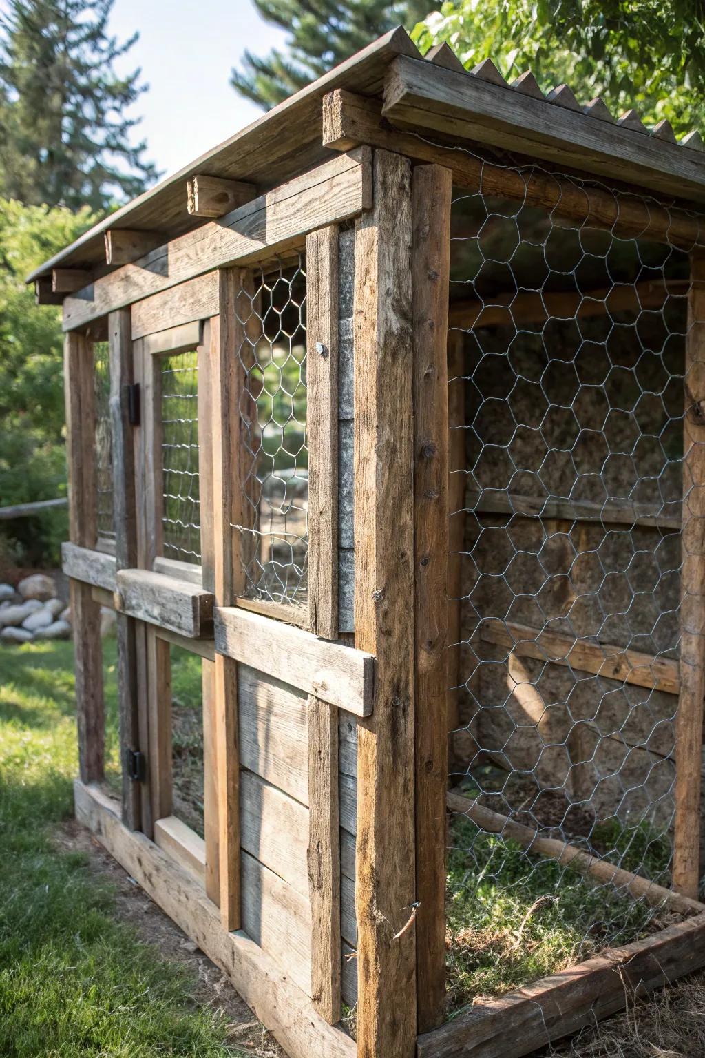 Turning old fence into a lovely home for your flock – skill meets creativity.