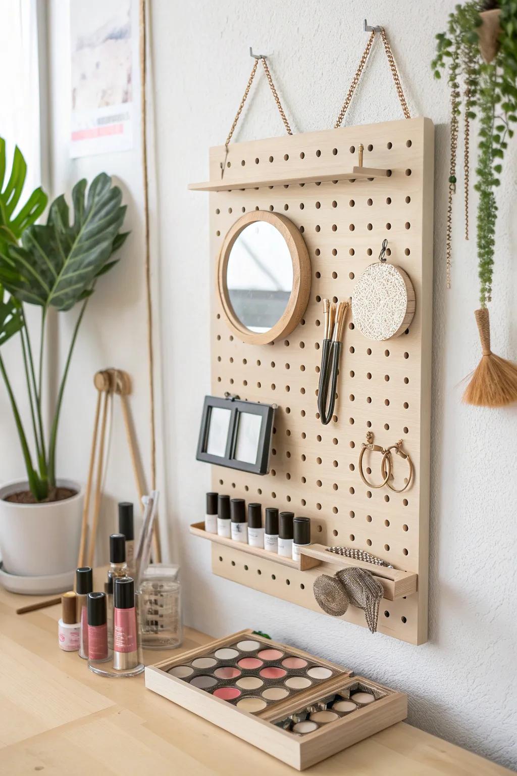 Metamorphose your cosmetic alcove via a chic DIY pegboard exhibition that seamlessly amalgamates elegance and orchestration.