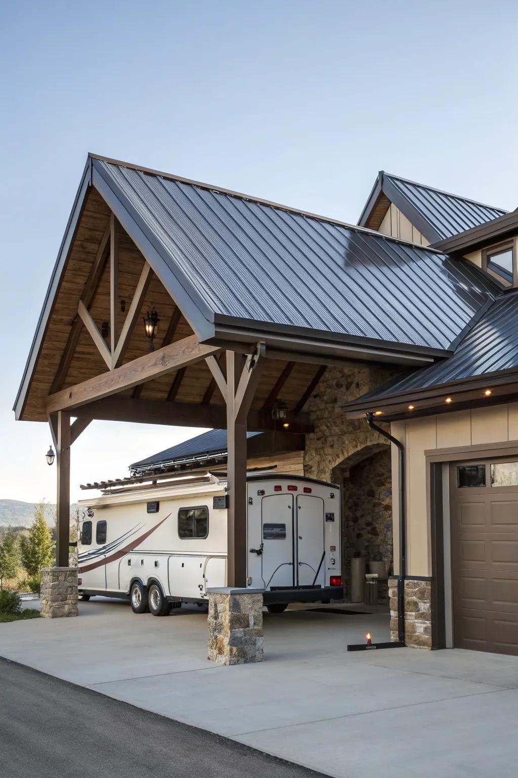 A seamless integration of residence and adventure: Uncover the elegance and functionality of an adjoining Recreational Vehicle garage featuring a skillfully crafted metal rooftop.