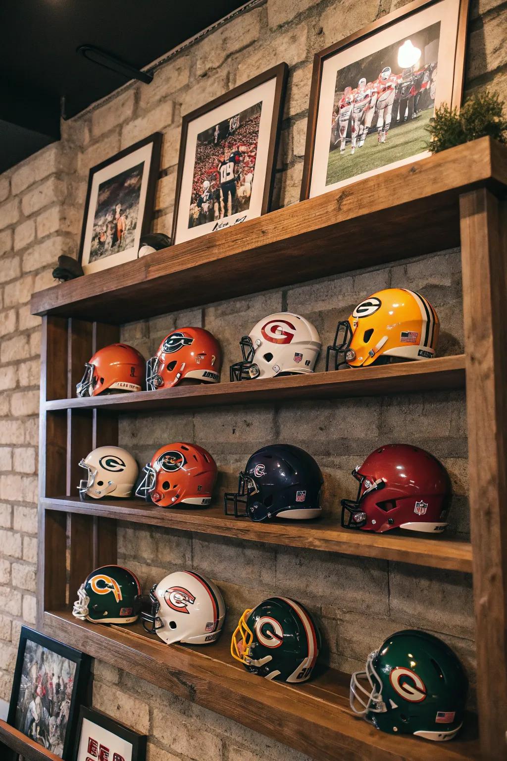 Construct the definitive sports corner blending miniature helmets with keepsakes.