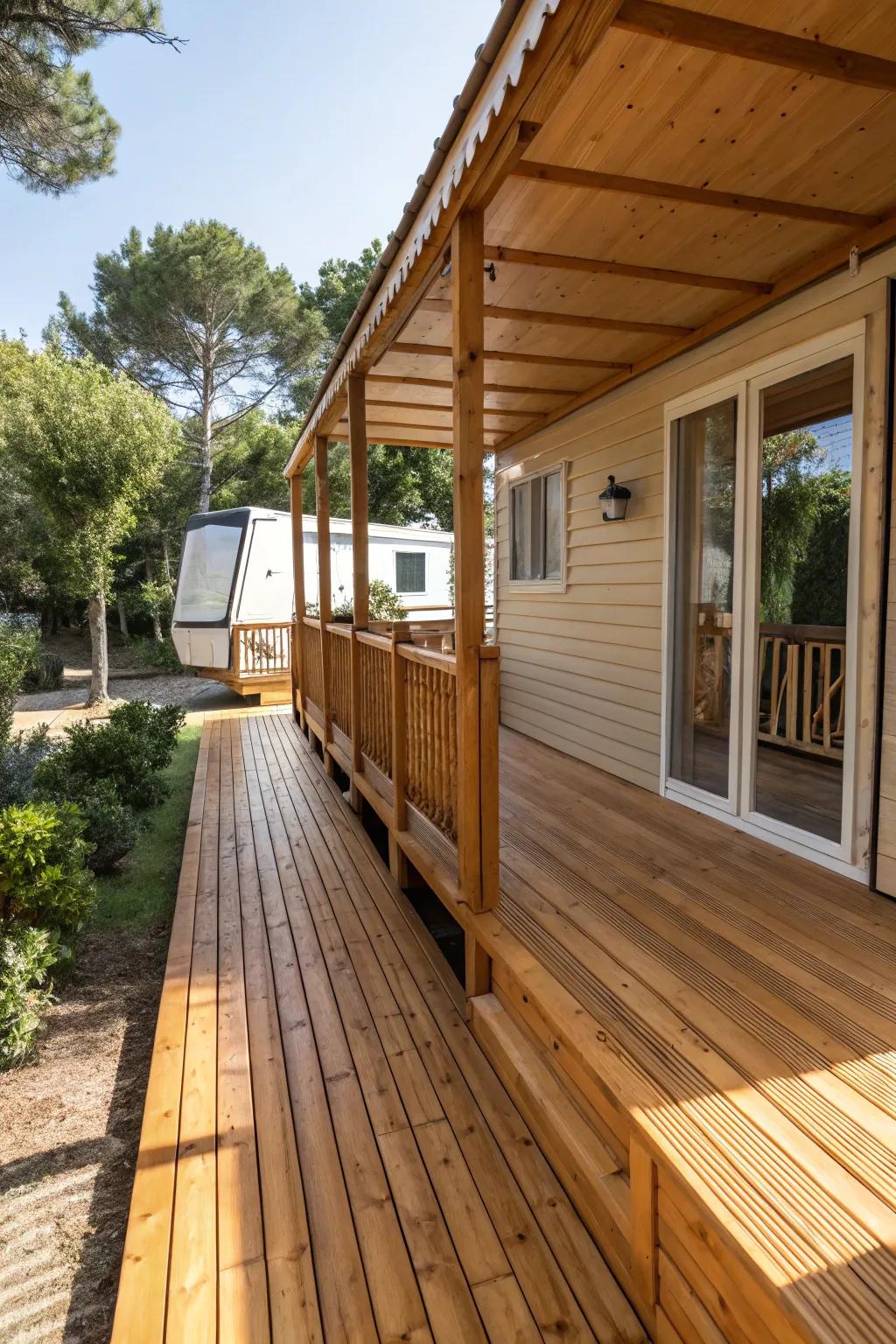 Embrace the outdoors with the timeless appeal of authentic timber treatments, perfect for your mobile home deck.