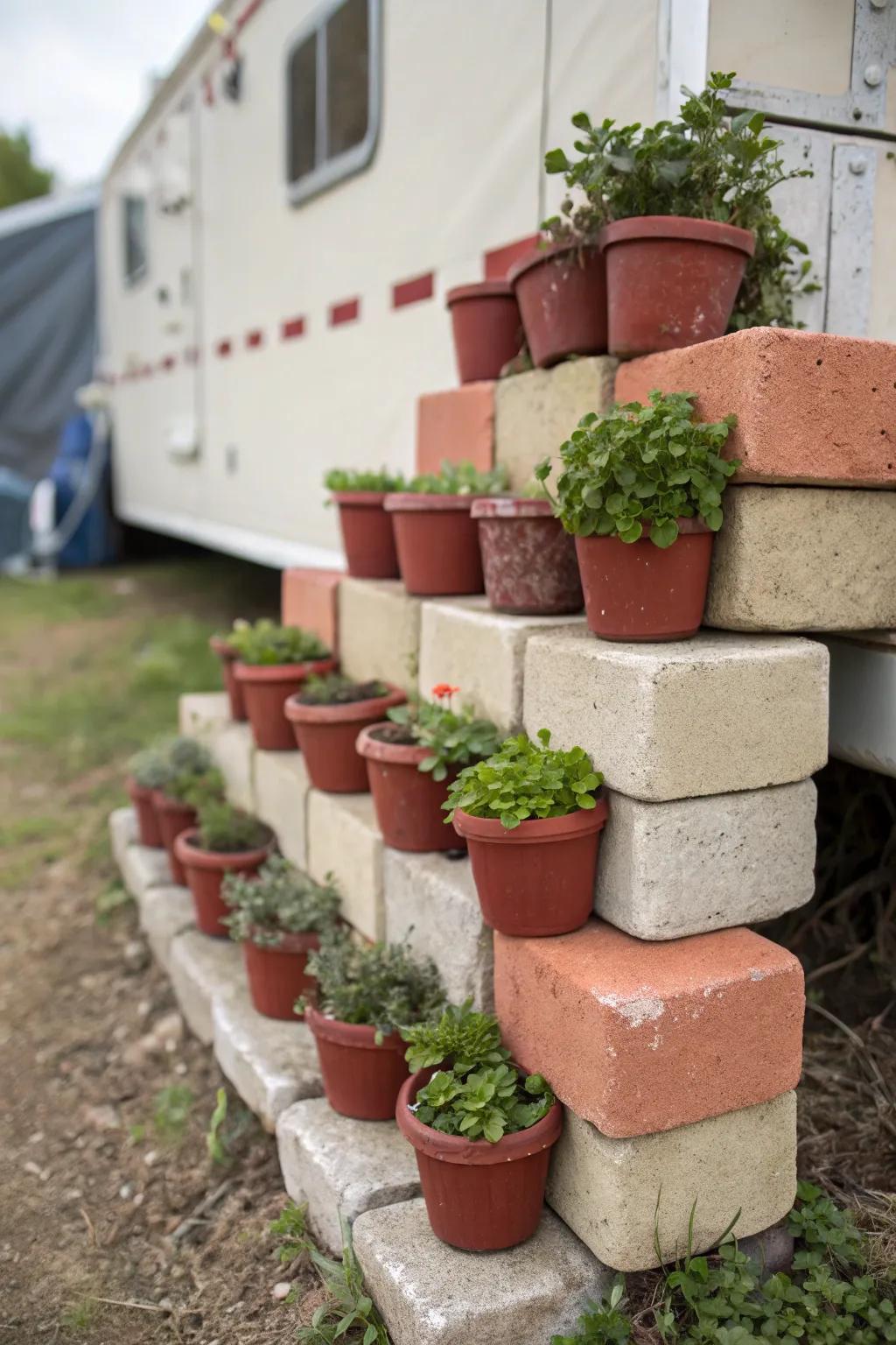 Elevate your mobile home style with concrete block cool—a harmonious blend of practicality and artistry.