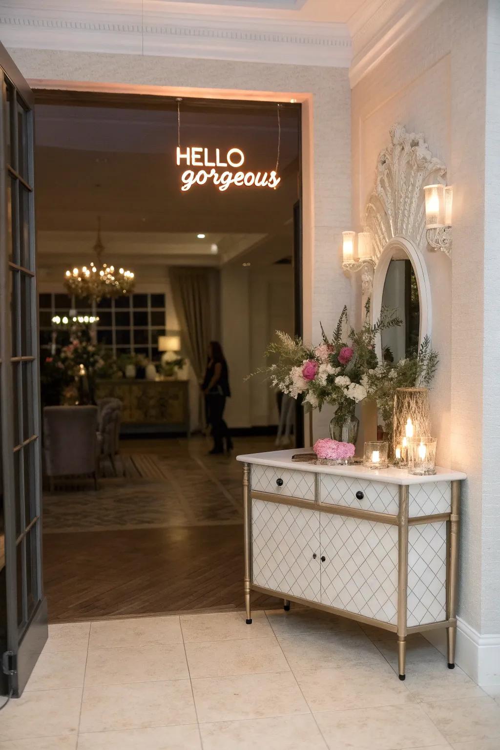 A perfect entryway made welcoming with an illuminated sign.