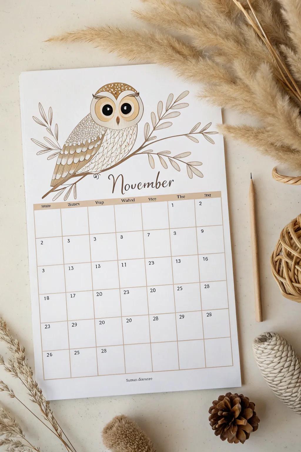 Embrace the wisdom of November with a hint of whimsy—night bird-inspired elegance for your minimalist planner.
