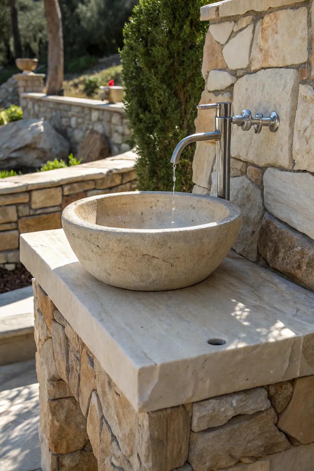 Enhance your outdoor space with a stone basin that mixes strength with natural charm.