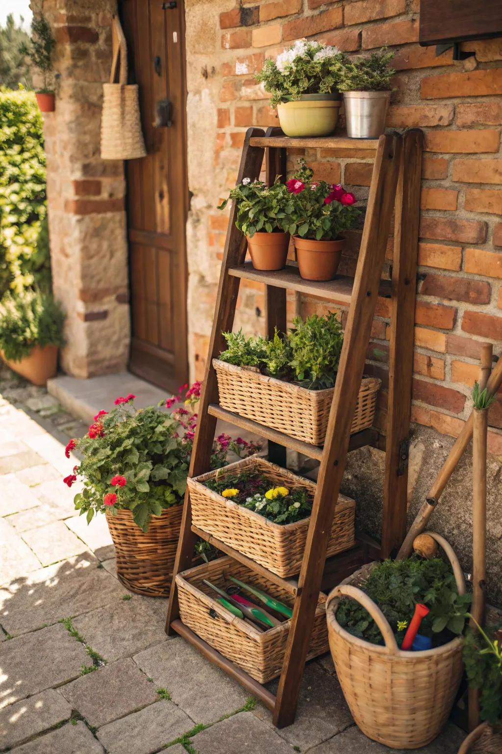 Take advantage of your outdoor space with stylish upward shelving options, which are ideal for showcasing plants and keeping must-haves.