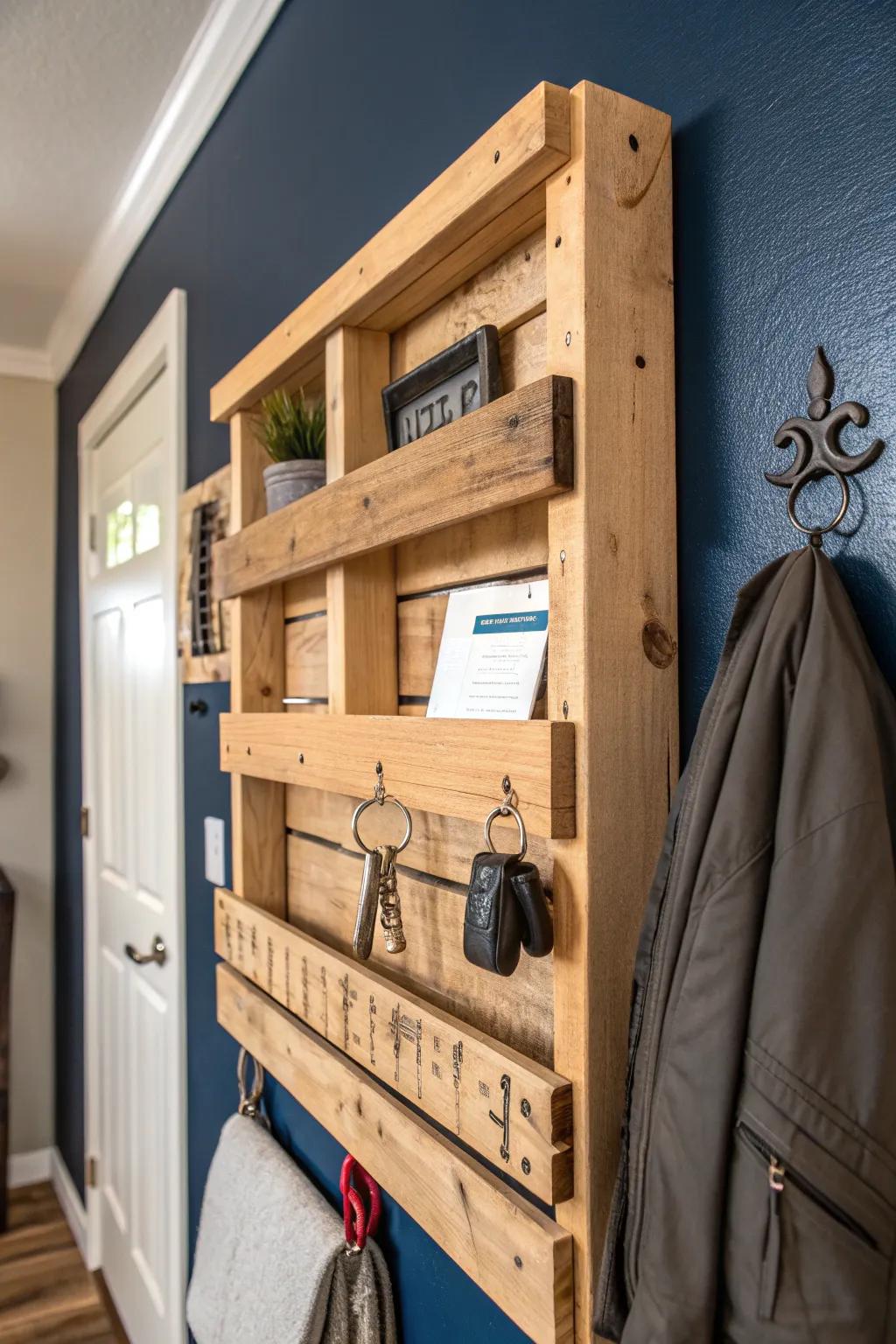Reimagine your vestibule through this artisanal pallet organizer—melding practicality with timeless allure.